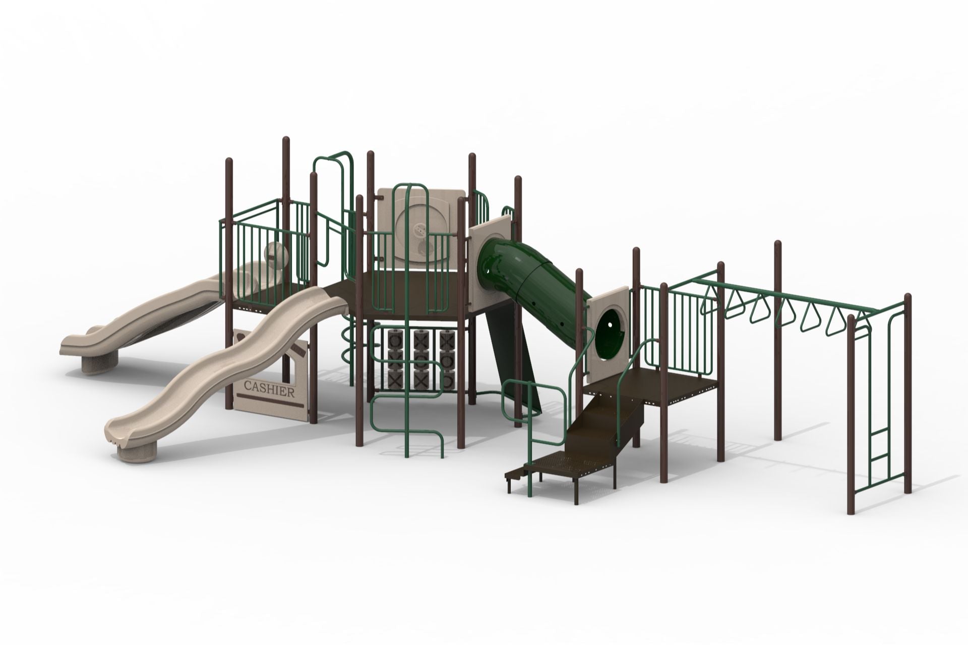 Mammoth Cave WillyGoat Playground with two beige slides, green crawl tunnel, monkey bars, climbers, and activity panels in natural colors