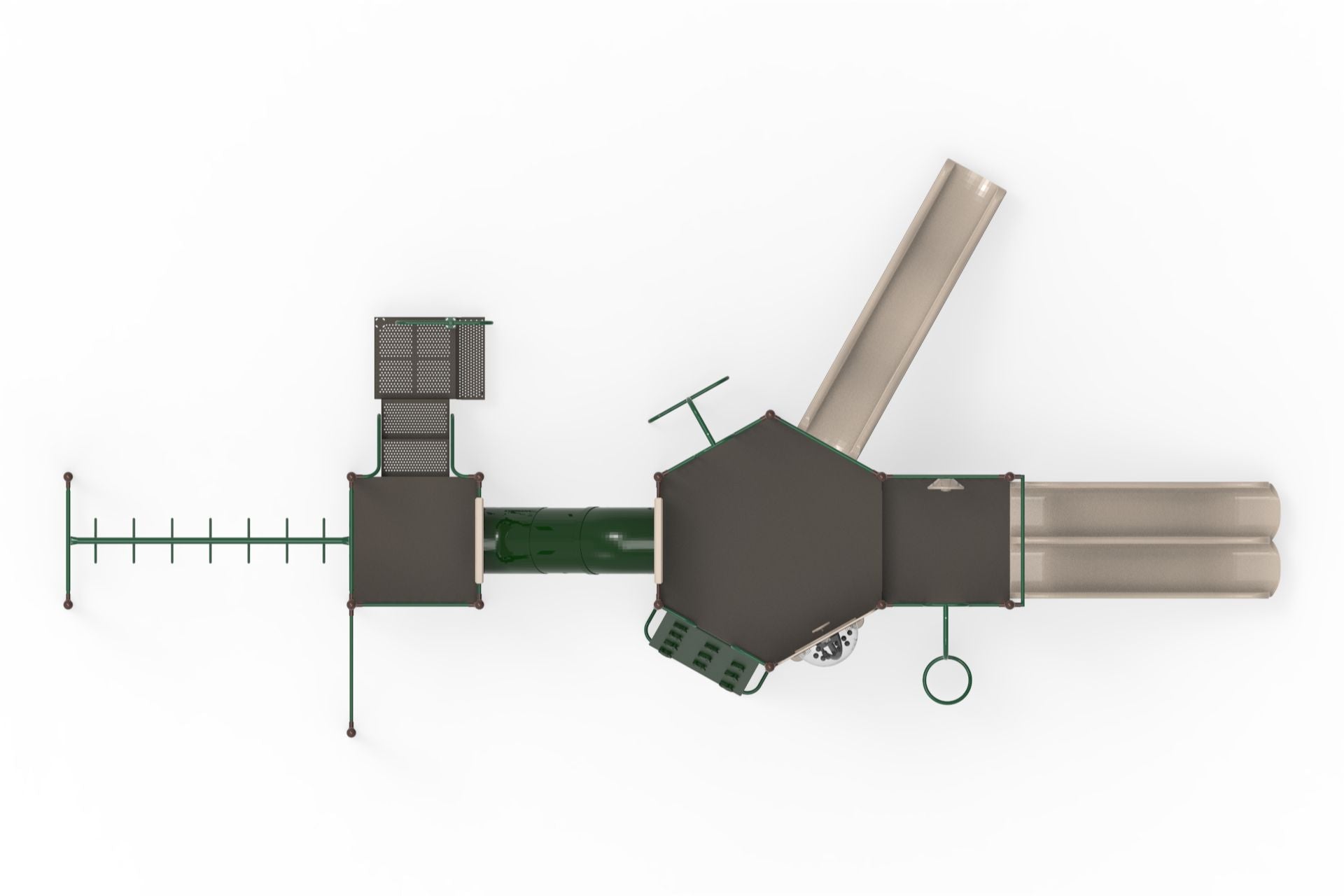 Overhead view of a large green and beige playground with multiple slides, climbing structures, and interactive activity panels