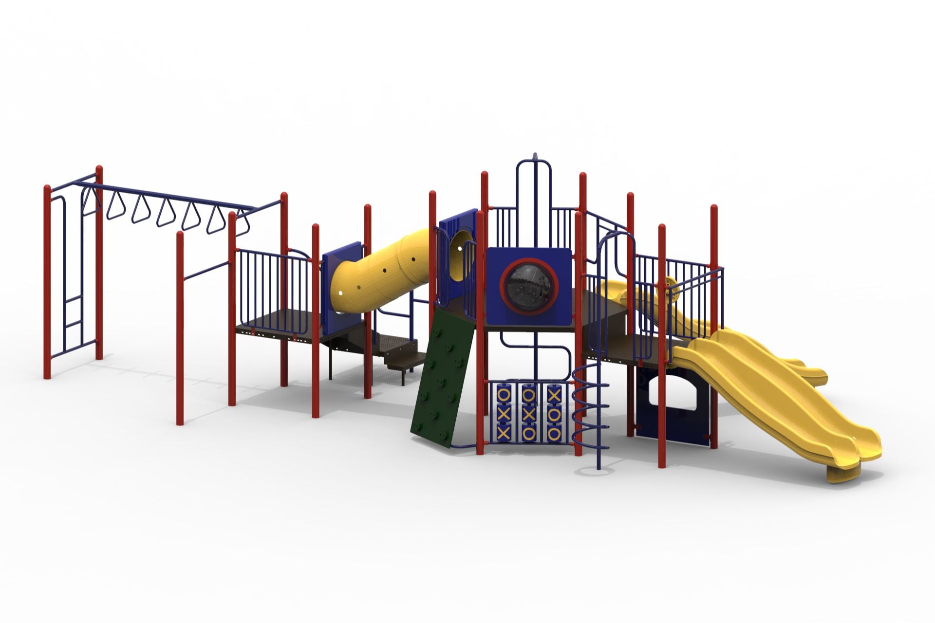 Colorful playground structure with yellow slides, climbing wall, tube tunnel, monkey bars, and interactive panels