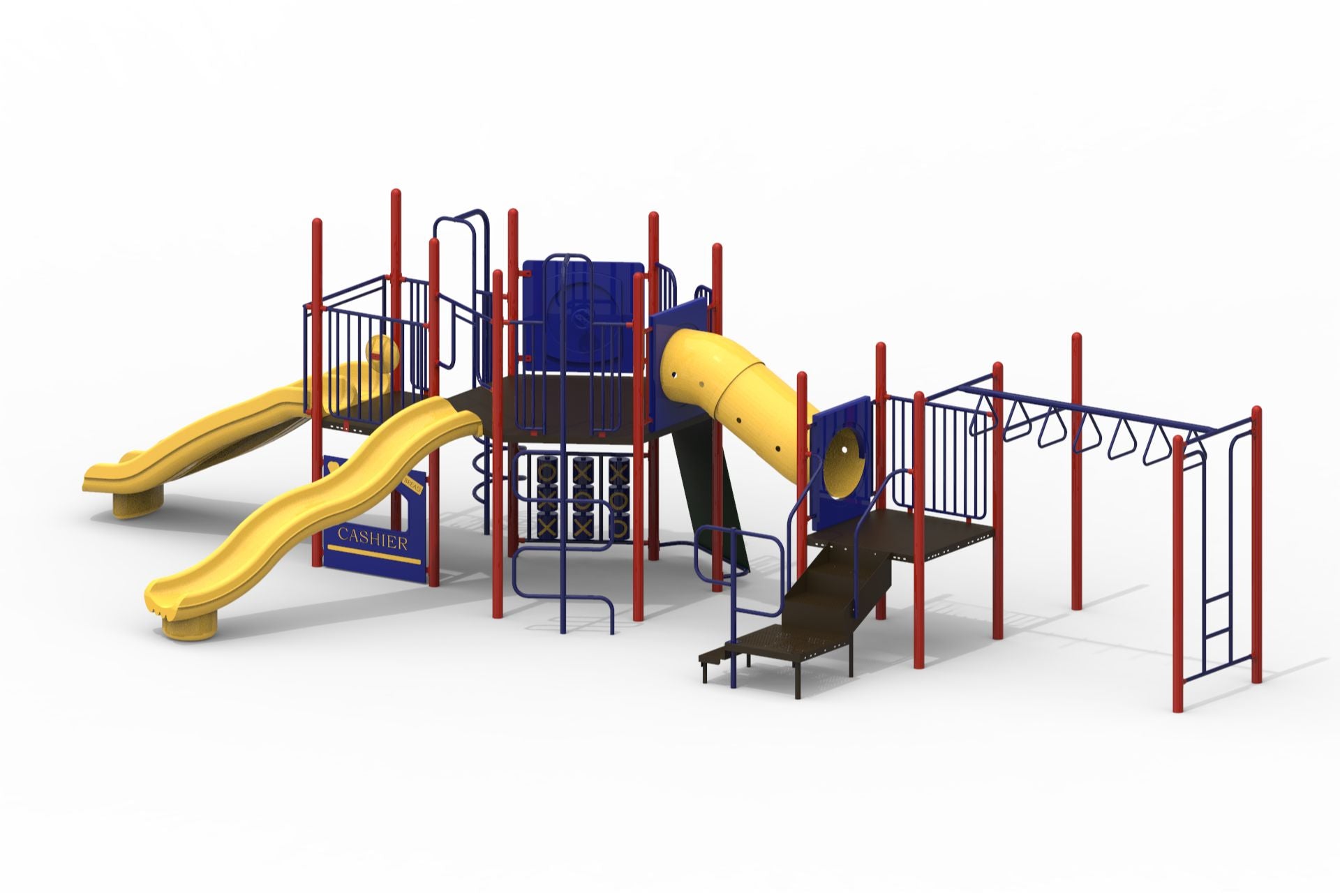 Colorful playground structure with yellow slides, climbing panels, tube slide, monkey bars, and interactive play panels
