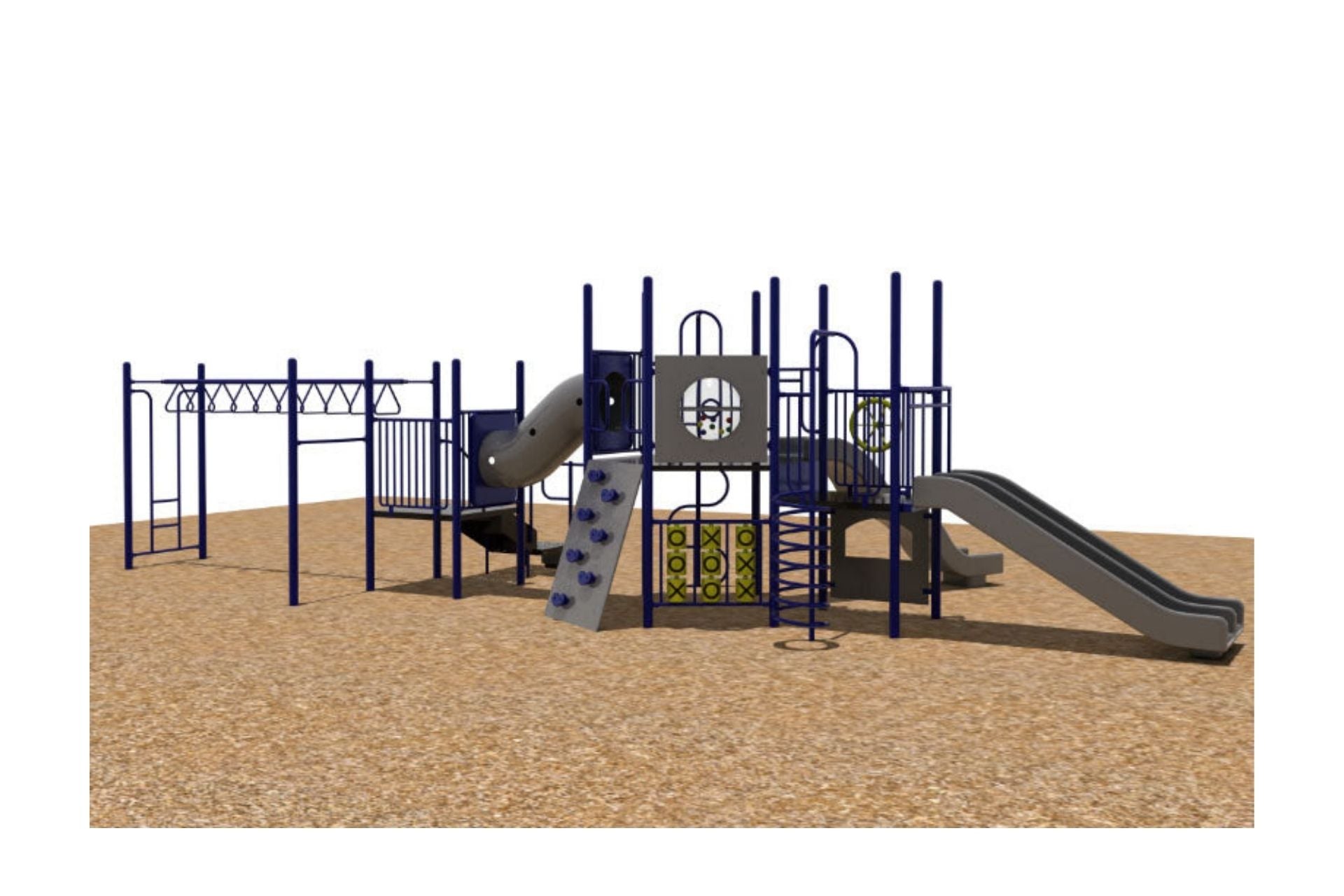Outdoor playground with blue metal frame, multiple slides, climbing walls, monkey bars, tic-tac-toe panel, and wood chip ground