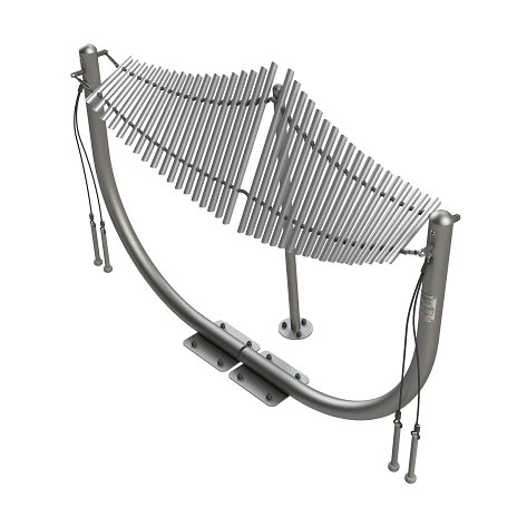Outdoor musical instrument with curved steel frame and suspended metal chimes shaped like a manta ray, designed for interactive play.