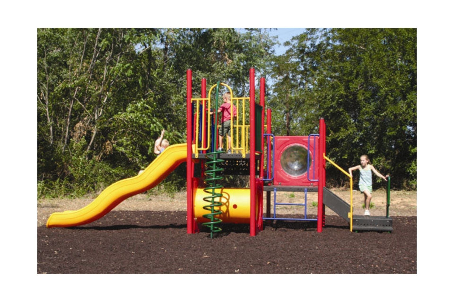 Compact outdoor playground featuring a yellow wave slide, spiral climber, crawl tunnel, and children playing on steel-constructed equipment