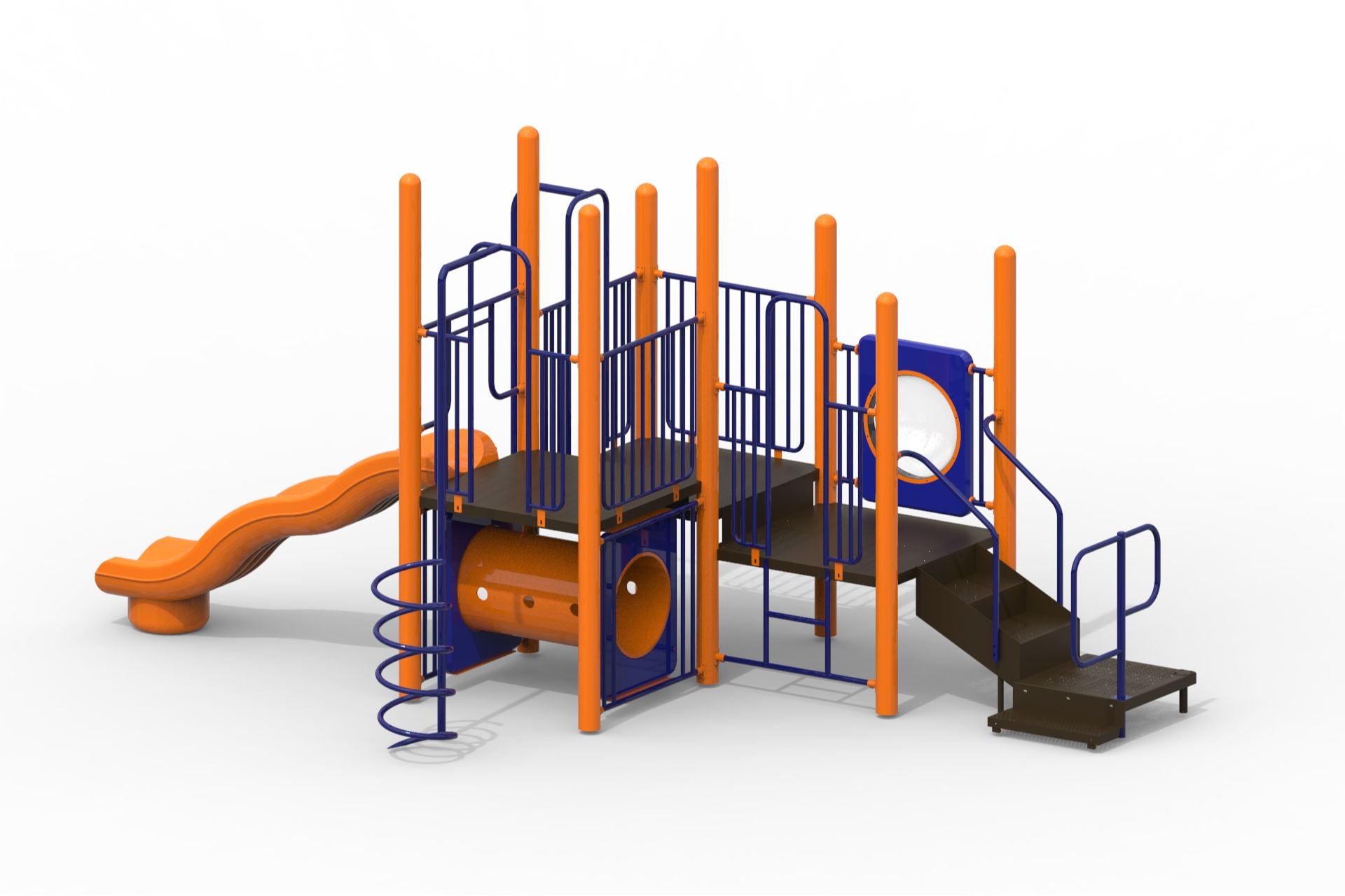 Compact modular playground with orange steel posts, blue railings, wavy slide, spiral climber, crawl tunnel, and stairs.