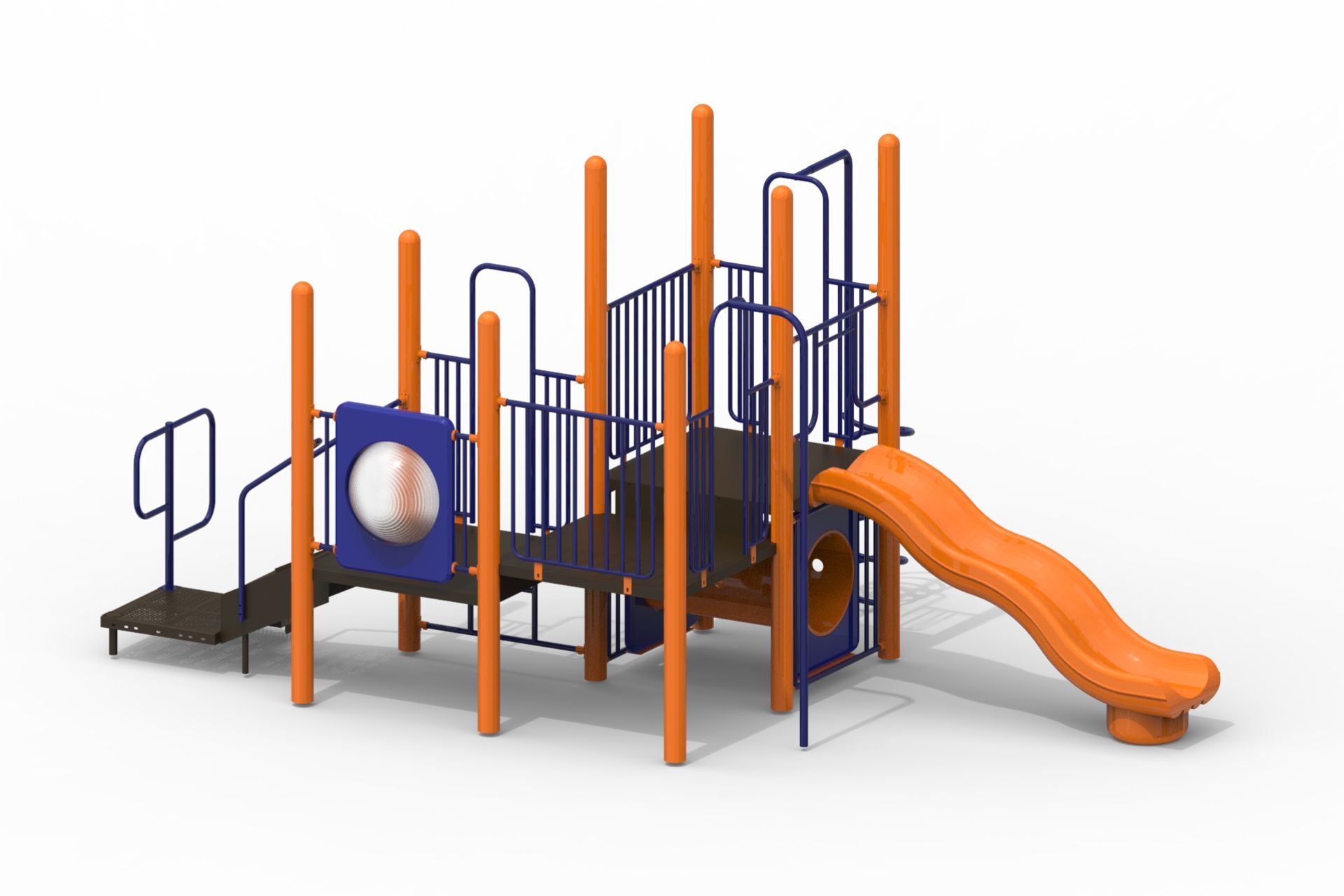 Compact modular playground with orange steel uprights, blue railings, wavy slide, crawl tunnel, and interactive activity panels.
