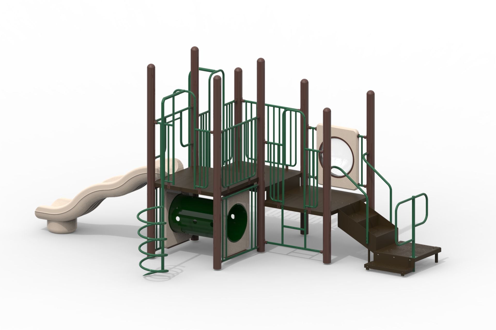 Compact modular playground with brown steel posts, green railings, beige wavy slide, spiral climber, crawl tunnel, and stairs.