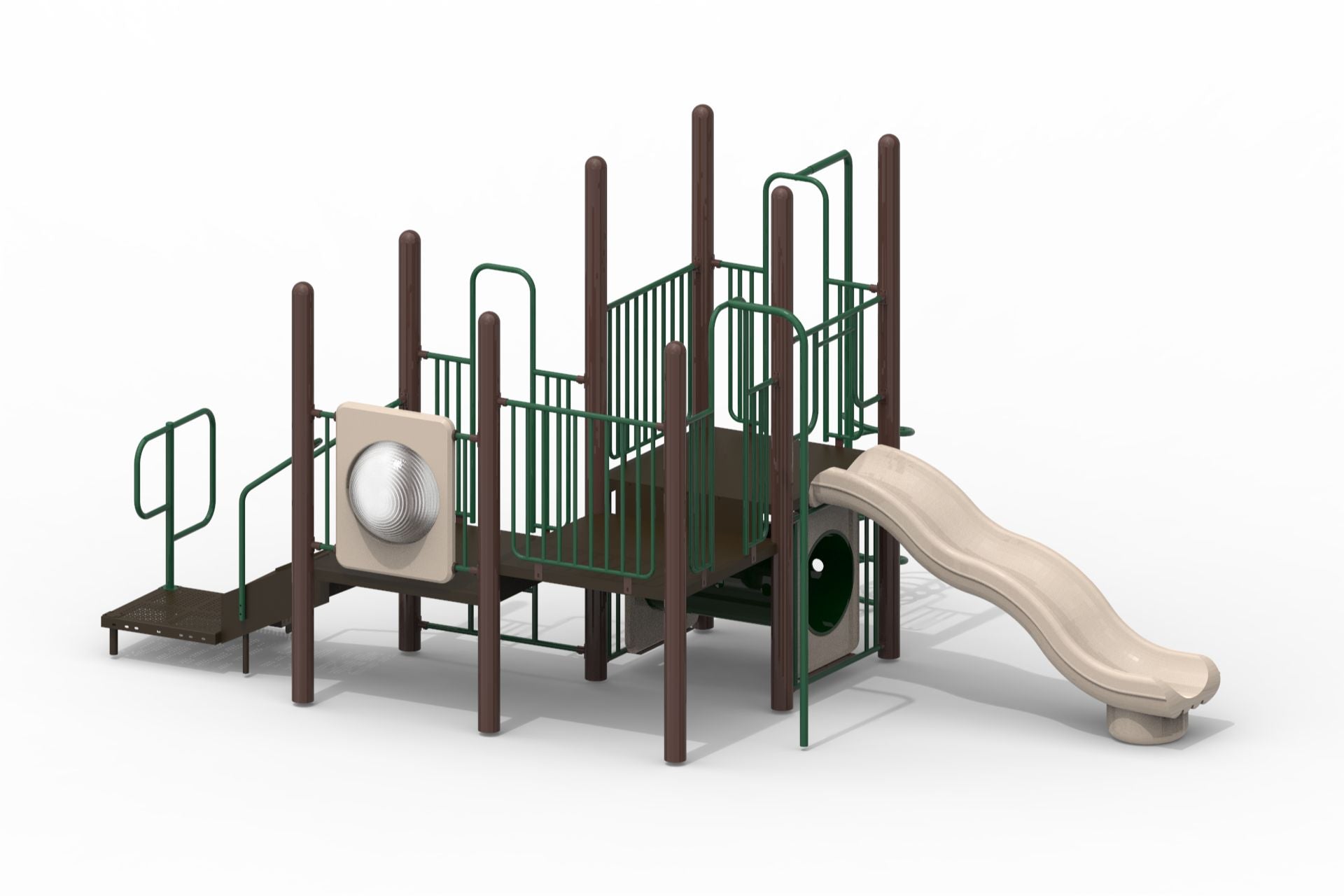 Marie Modular Playground with natural-colored bump wave slide, brown uprights, green railings, interactive play panels, and climbing features