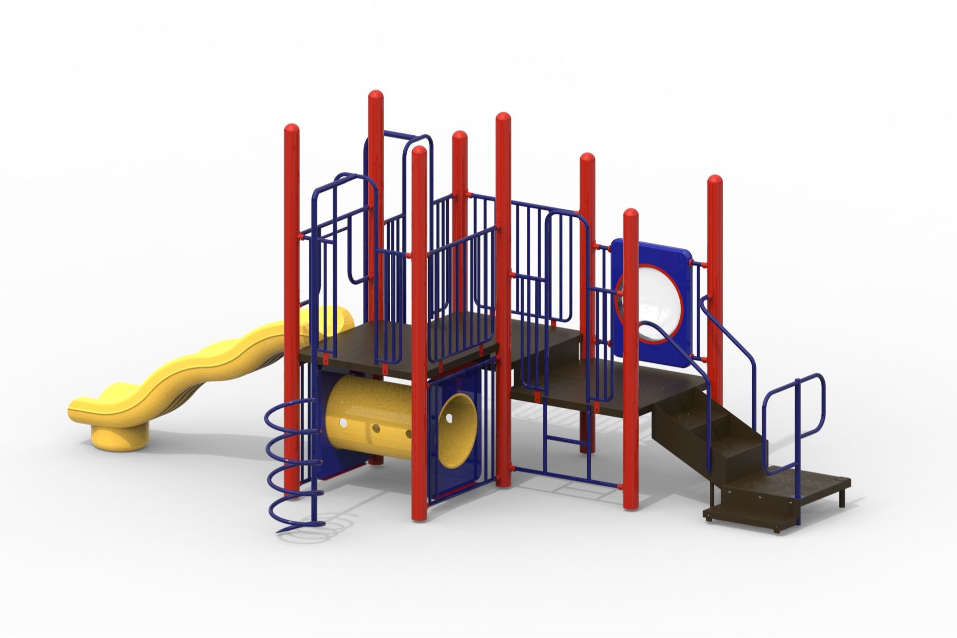 Compact playground with red steel posts, blue railings, yellow wave slide, spiral climber, crawl tunnel, and stairs.