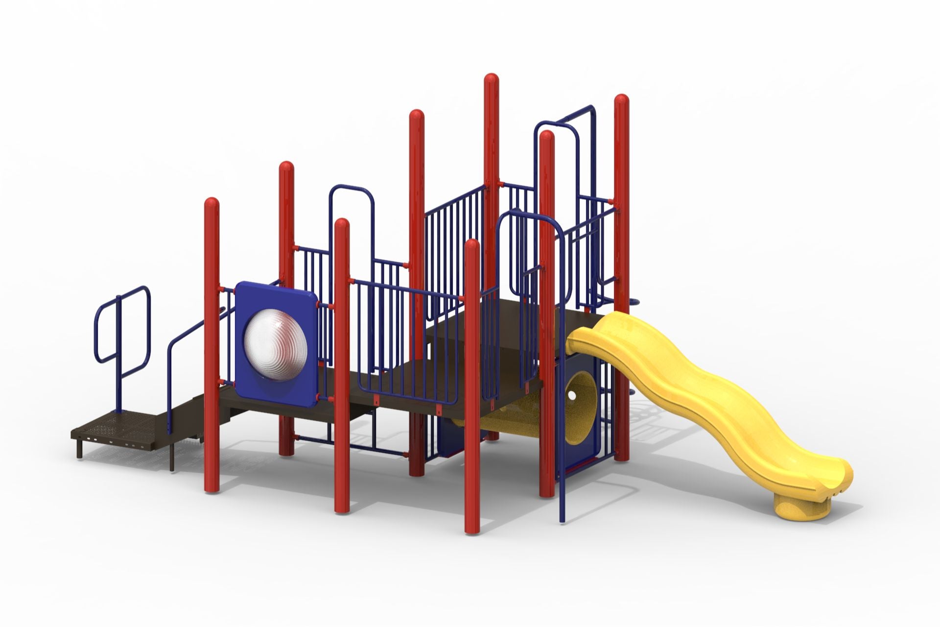 Compact modular playground with red steel uprights, blue railings, yellow wave slide, climbing panels, crawl tunnel, and firepole.