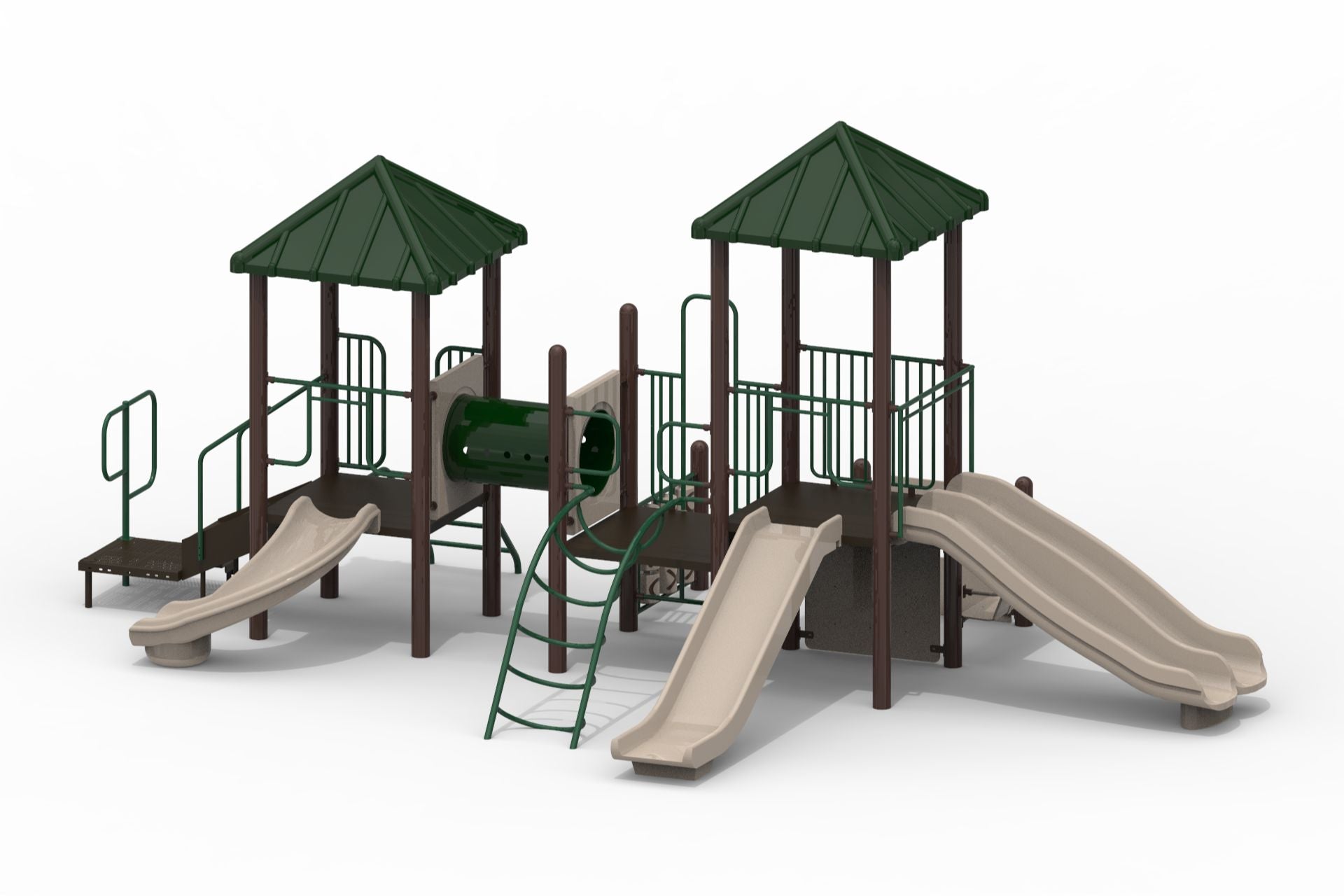 Modular playground with two green-roofed platforms, beige double and 90-degree slides, crawl tunnel, tic tac toe panel, and climbing ladders