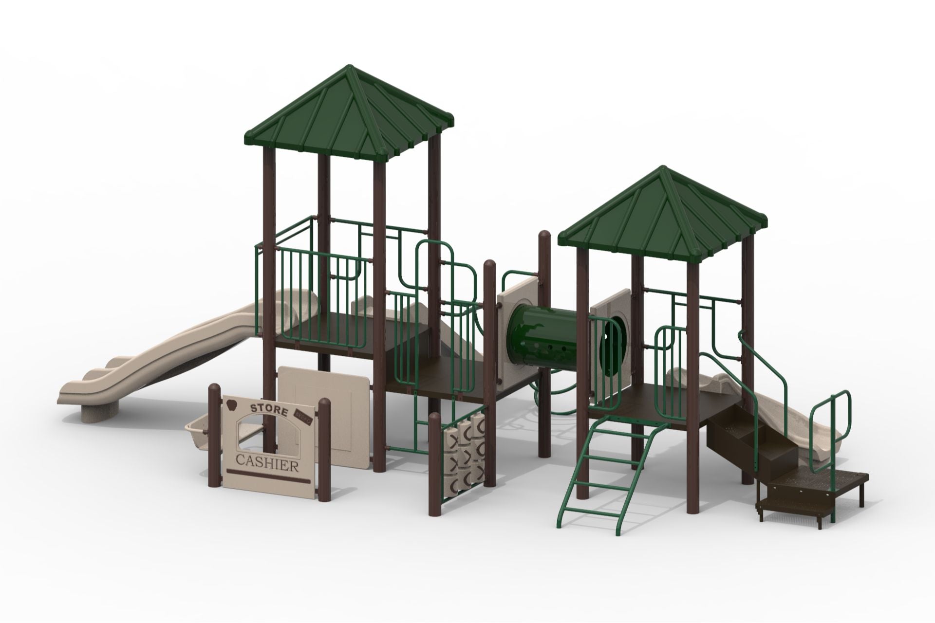 Megan Modular Playground with green roofs, beige slides, crawl tunnel, tic tac toe panel, climbing ladders, and play store panel