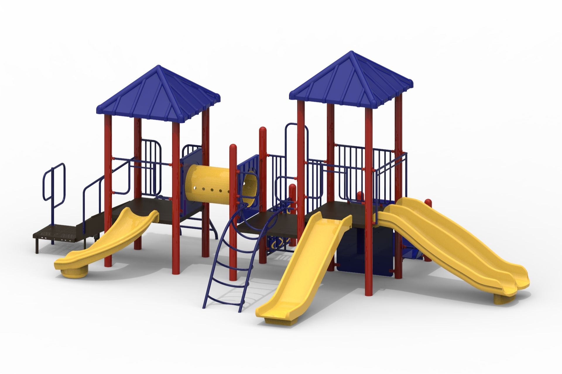 Modular playground with two blue-roofed platforms, yellow slides including double and 90-degree, red posts, blue railings, crawl tunnel, tic tac toe panel, and climbing ladders