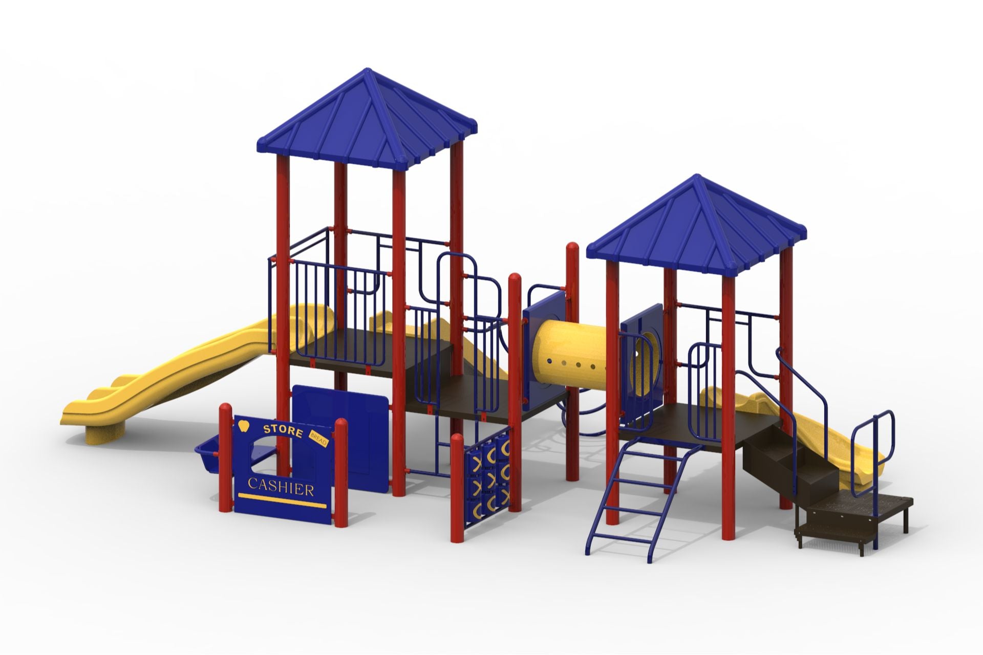 Colorful modular playground with two blue-roofed platforms, yellow slides, crawl tunnel, tic tac toe panel, and climbing features