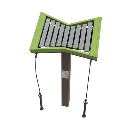 Toddler-height outdoor musical instrument with green frame, metal bars, and two attached mallets for interactive play.