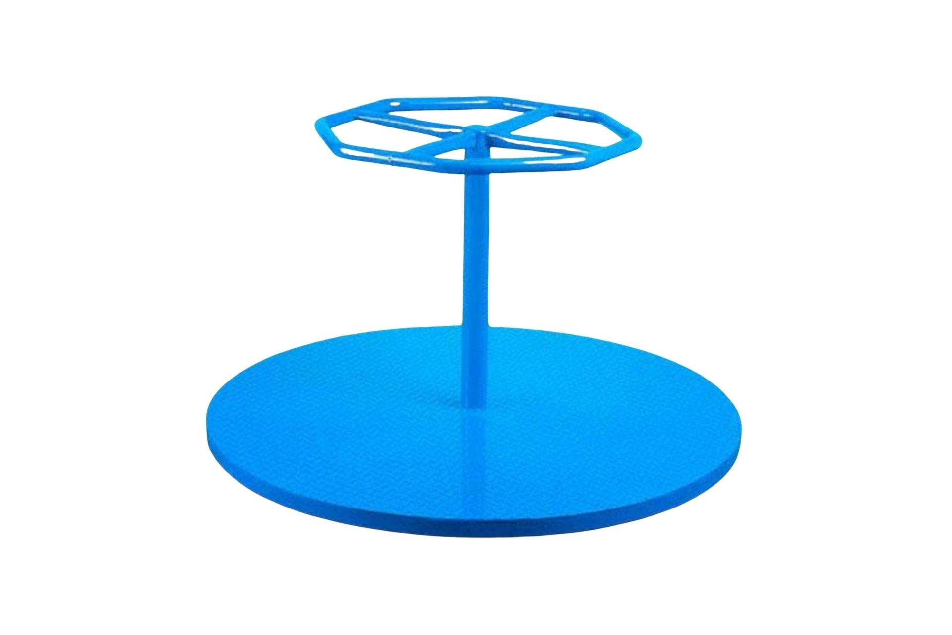 Blue steel playground merry-go-round with circular base and hexagonal handrail, powder-coated finish