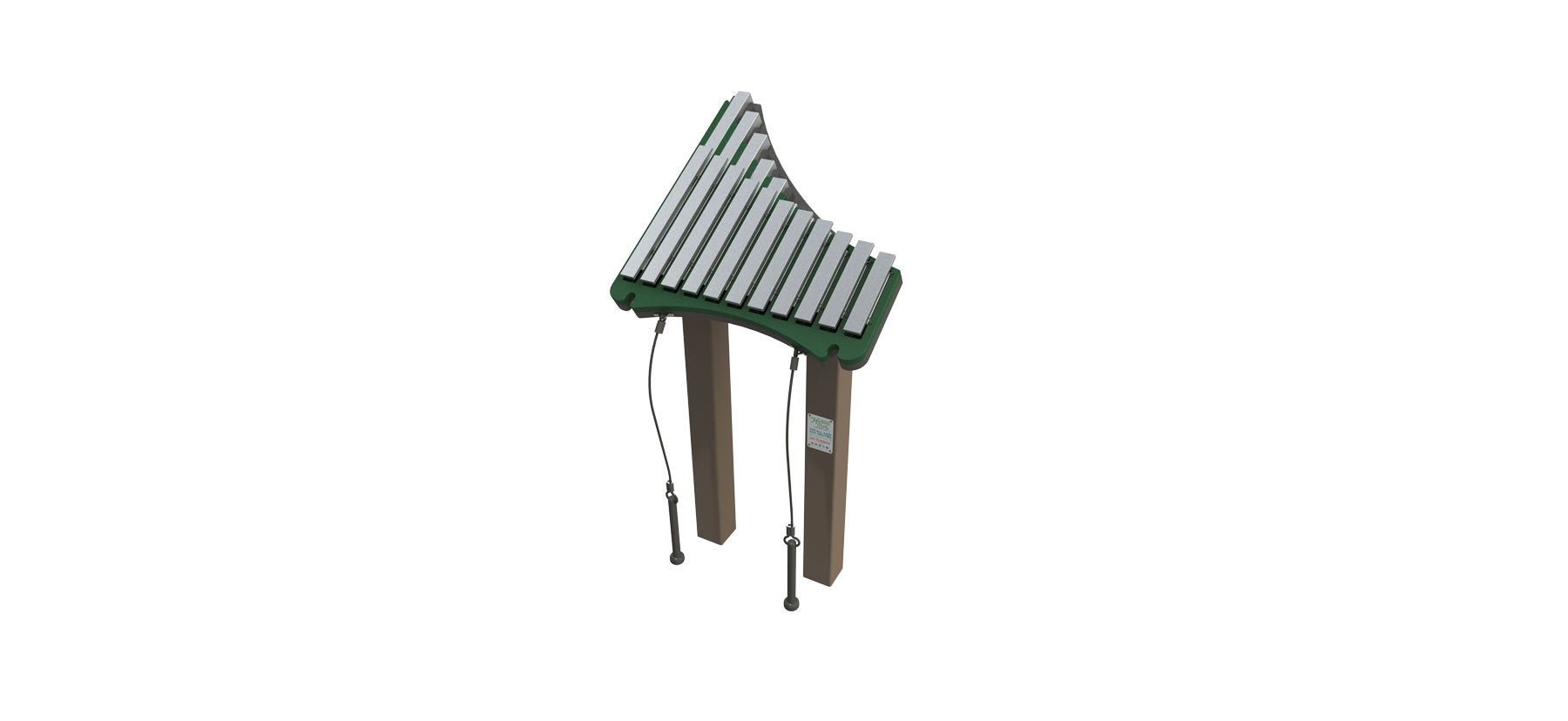 Green outdoor xylophone with nine metal bars and two hanging mallets on brown posts, angled view.