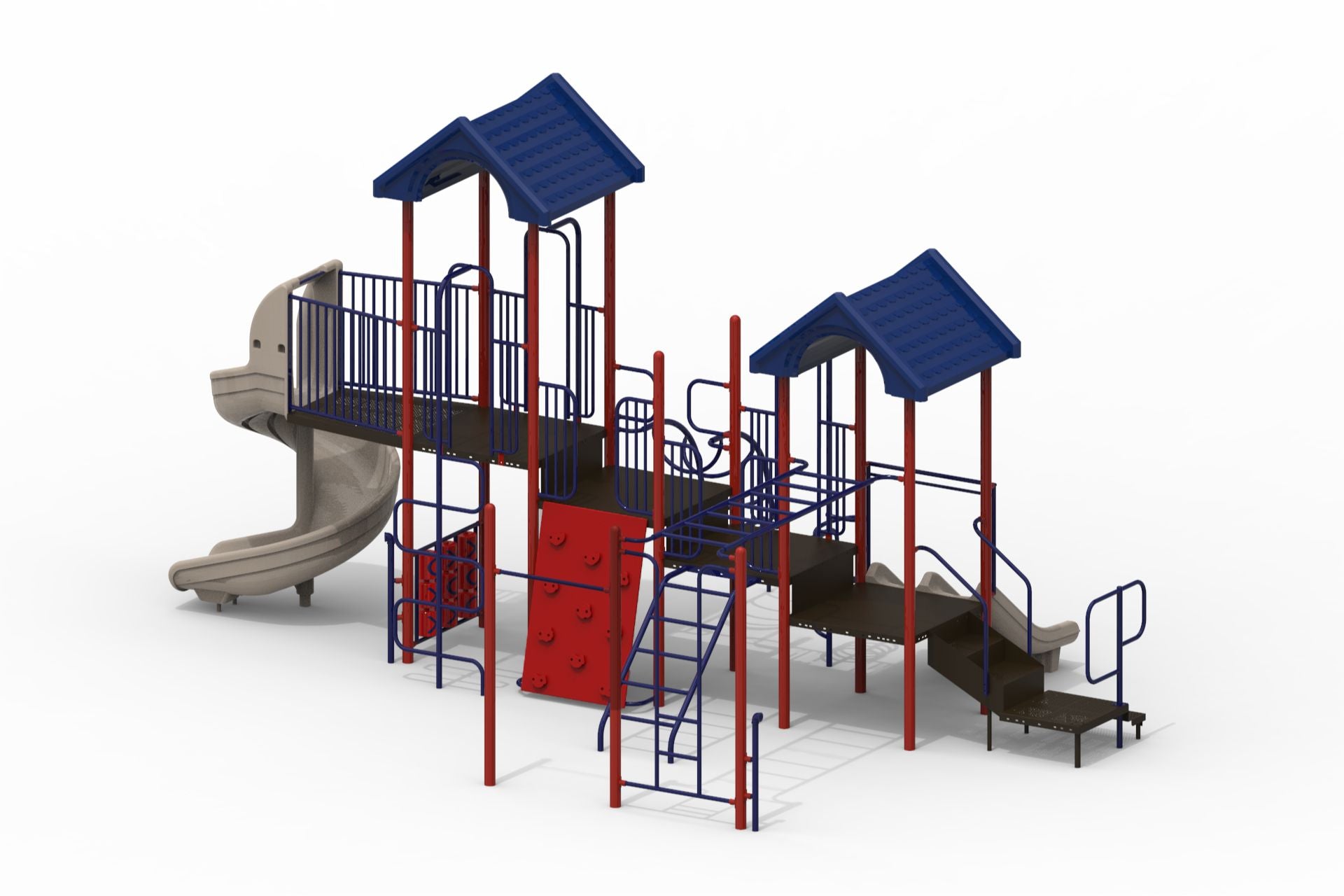 Outdoor playground with blue gabled roofs, red supports, spiral and triple rail slides, climbing wall, monkey bars, and various climbers.