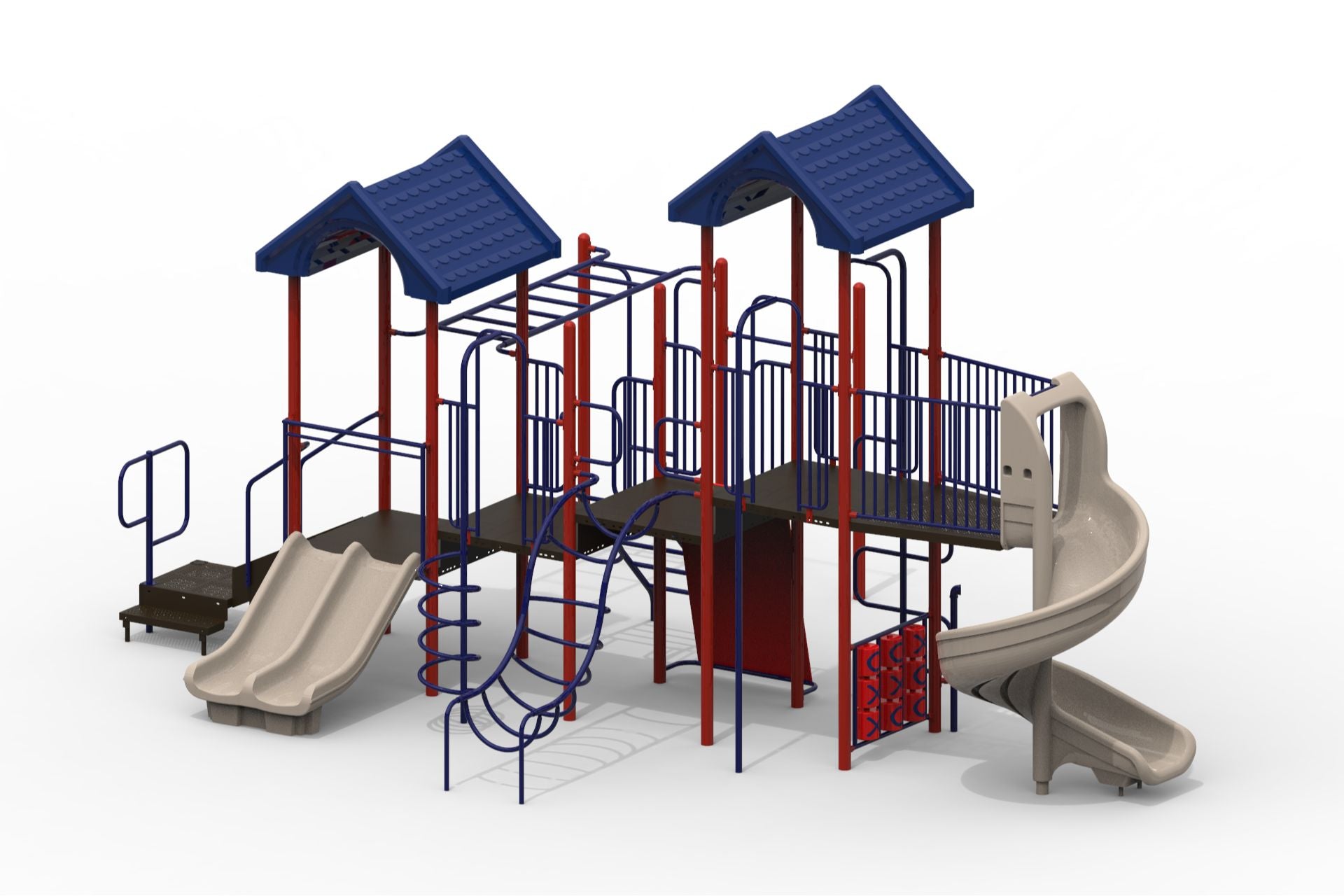 Playground structure with blue gabled roofs, red posts, beige slides, climbing elements, fire pole, and tic tac toe panel