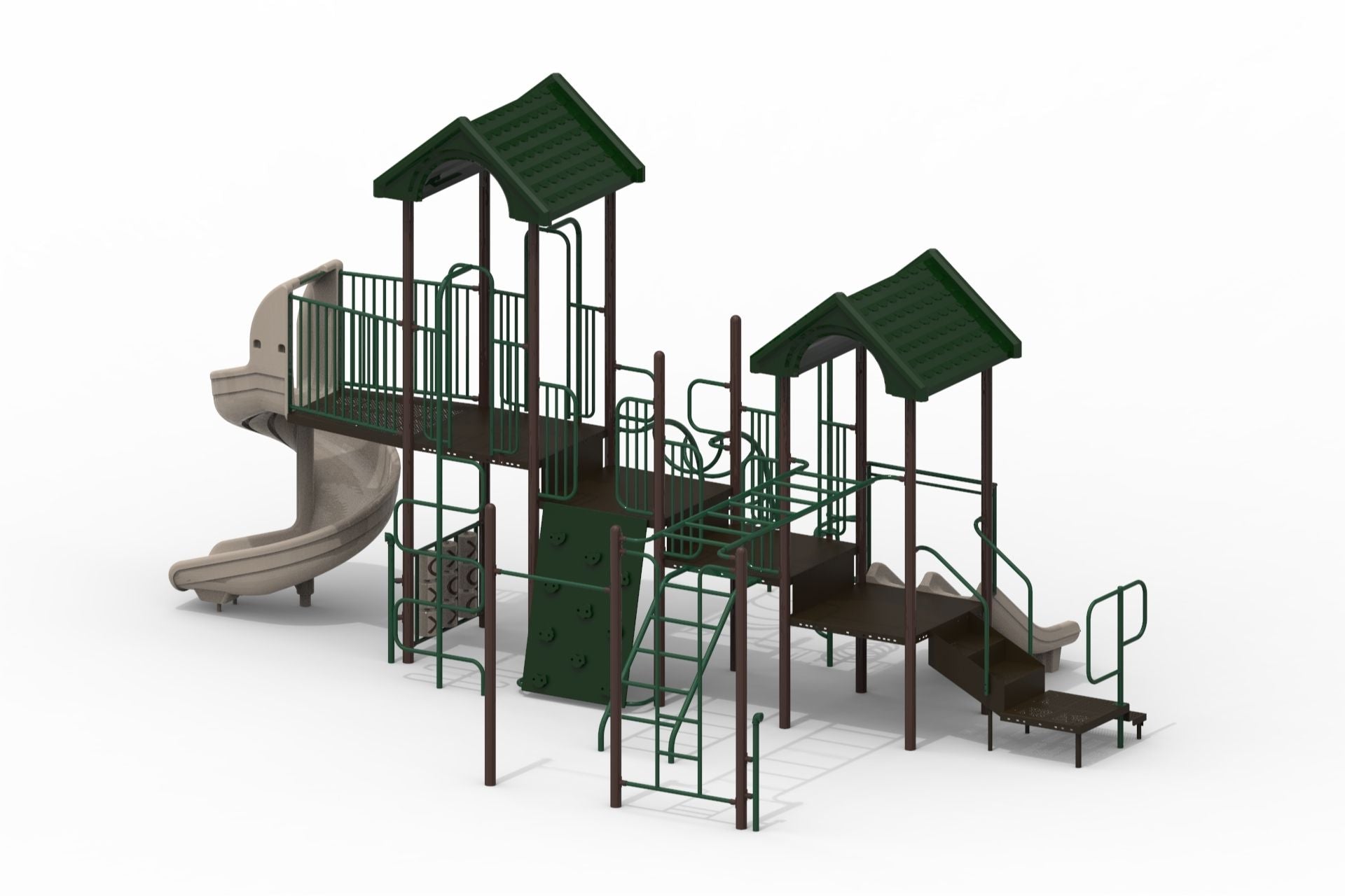 Outdoor playground with green gabled roofs, beige spiral and straight slides, climbing walls, ladders, and railings