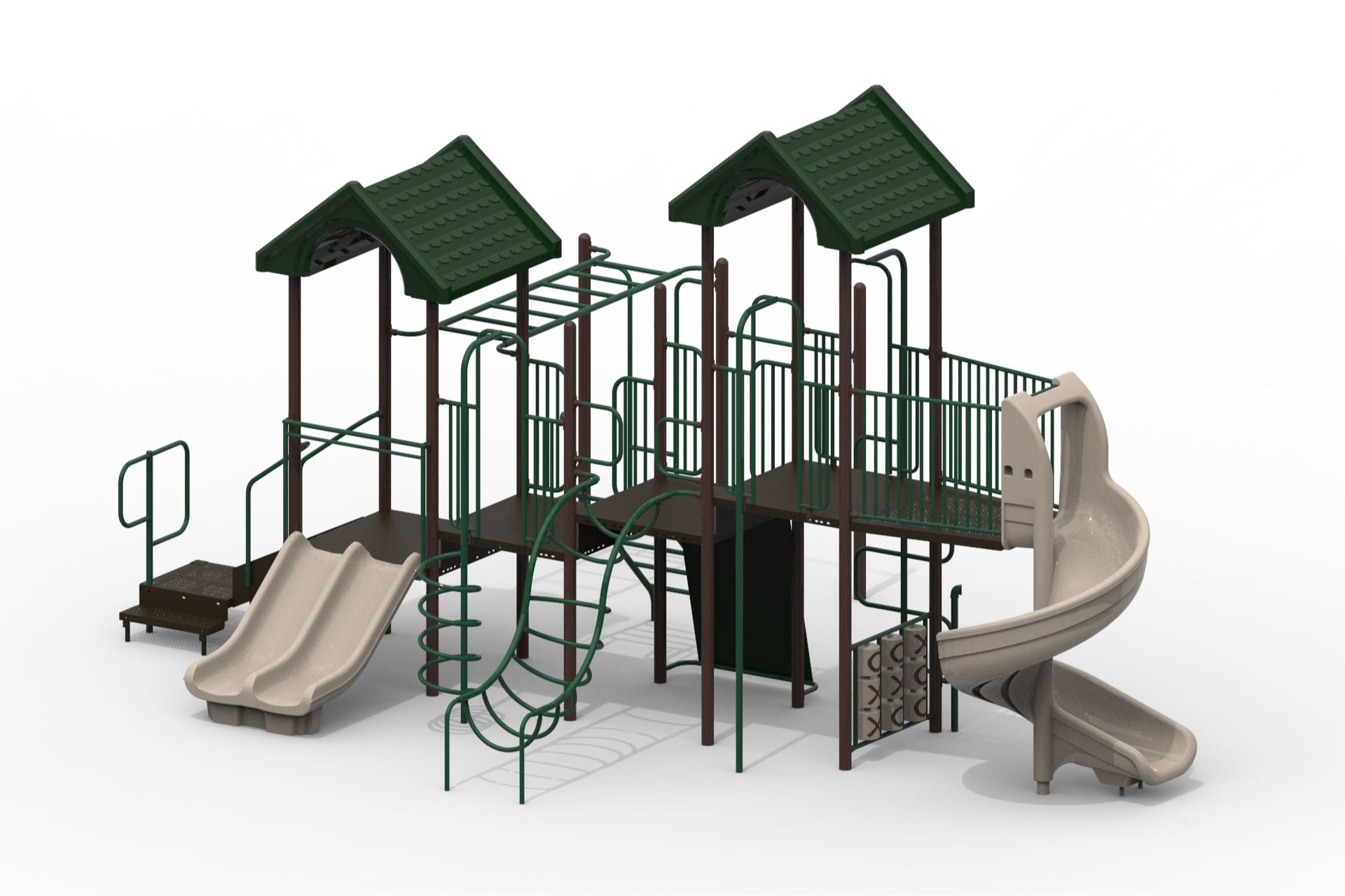 Mesa Verde WillyGoat Playground with dual slides, spiral slide, climbing structures, tic tac toe panel, green gabled roofs, and fire pole