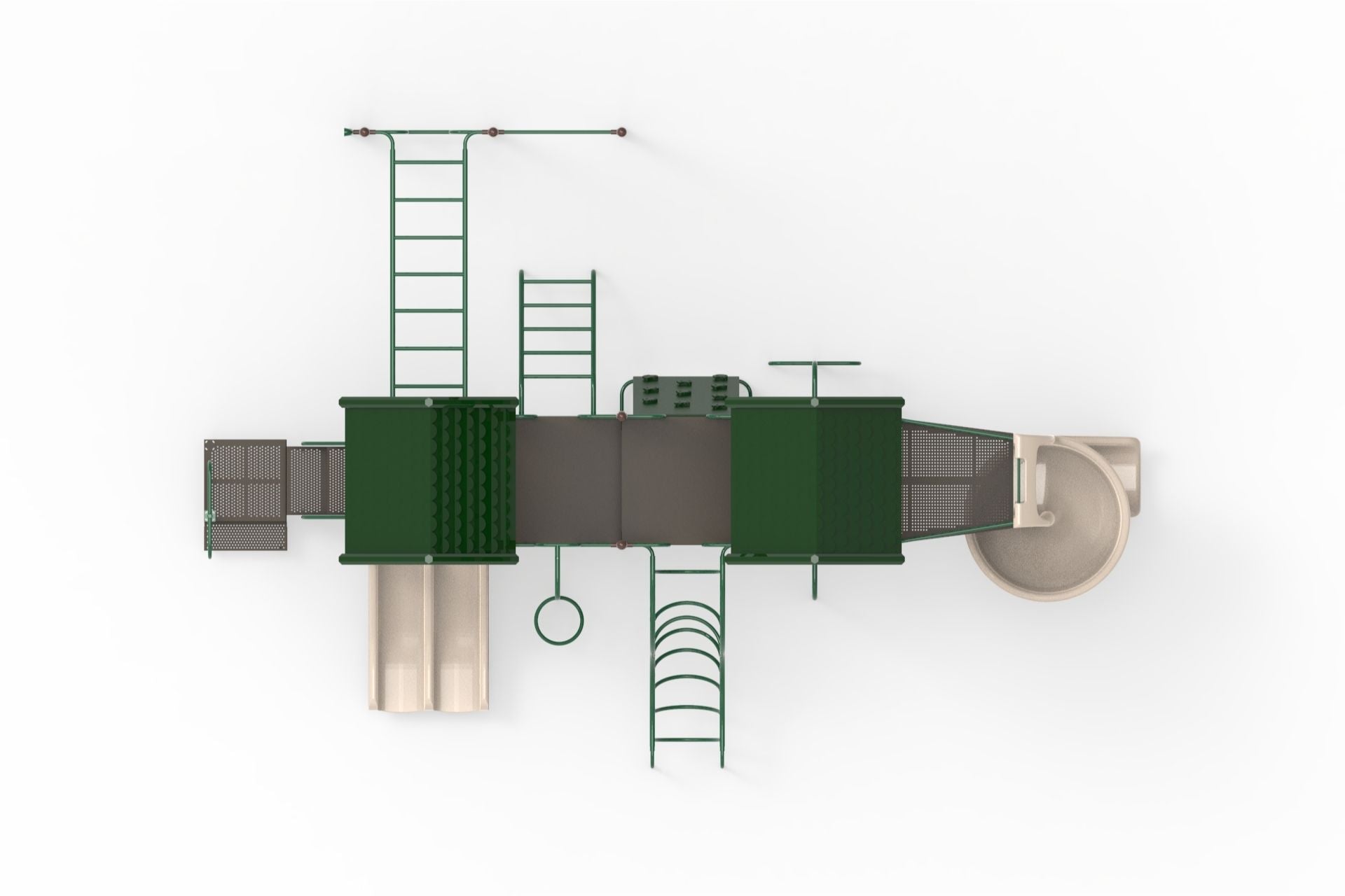 Overhead view of a large green and beige playground with slides, climbers, ladders, play panels, and roofs