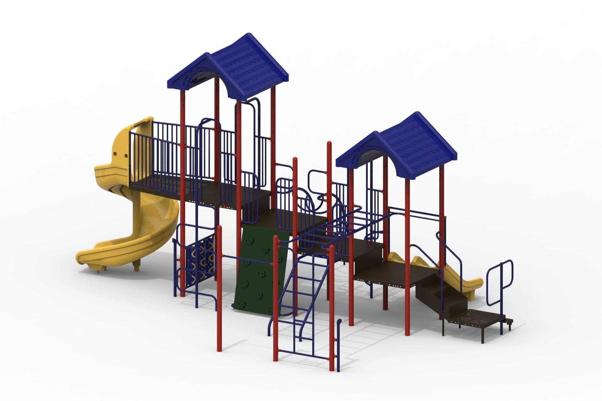 Playground structure with blue gabled roofs, yellow slides, red and blue climbing bars, platforms, and various climbing elements.