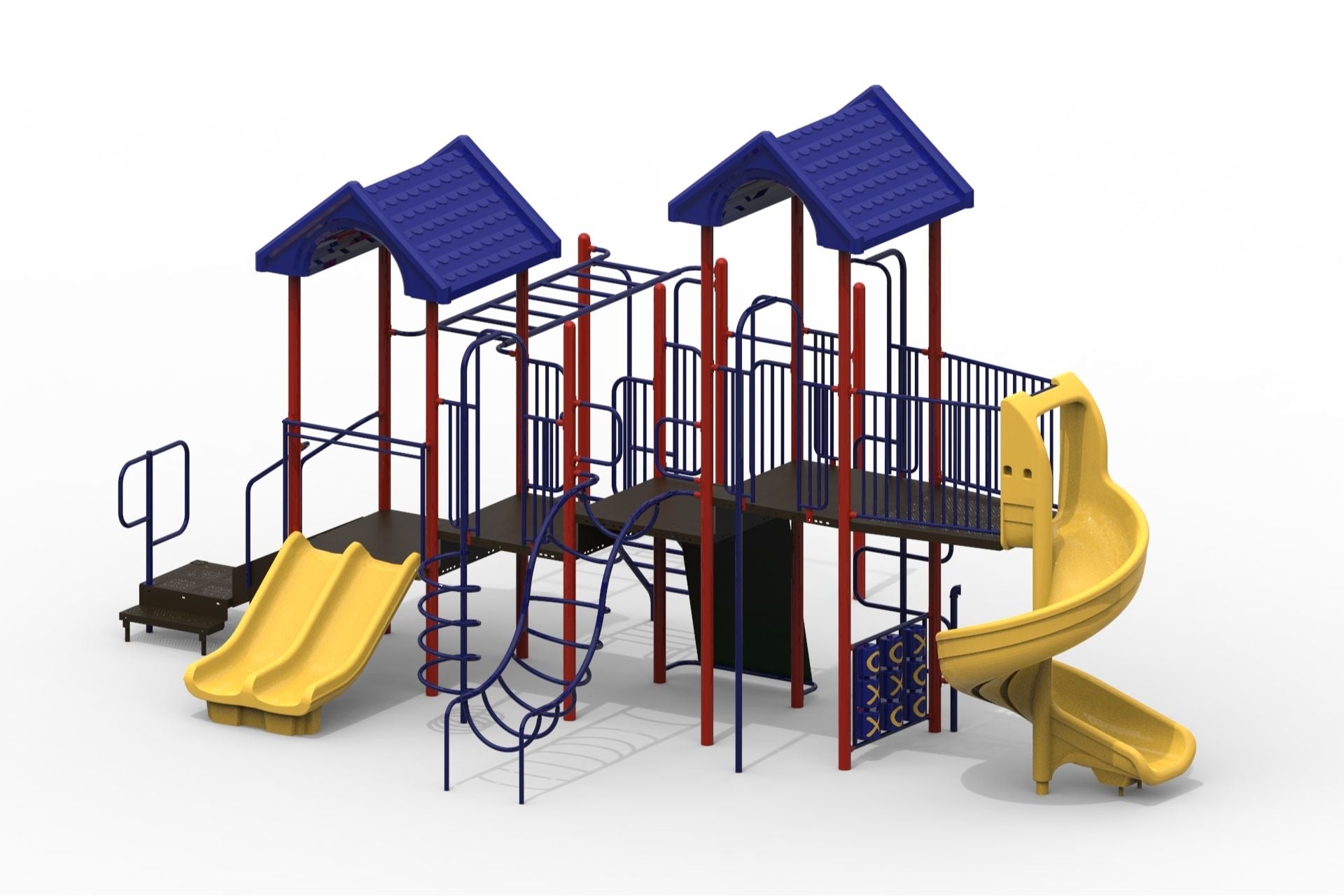 Playground structure with blue roofs, red posts, yellow double and spiral slides, climbing elements, fire pole, and tic tac toe panel
