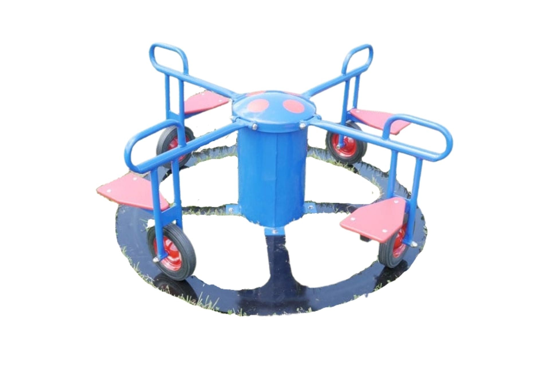Mini Circle Cycle 4 Seat Inground Play Rider with blue frame, red seats, and black circular base for toddler playgrounds