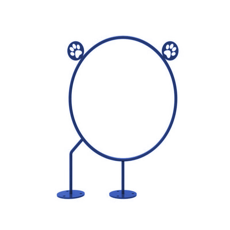 Blue dog agility hoop jump with paw print accents, in-ground installation, circular jump ring for training