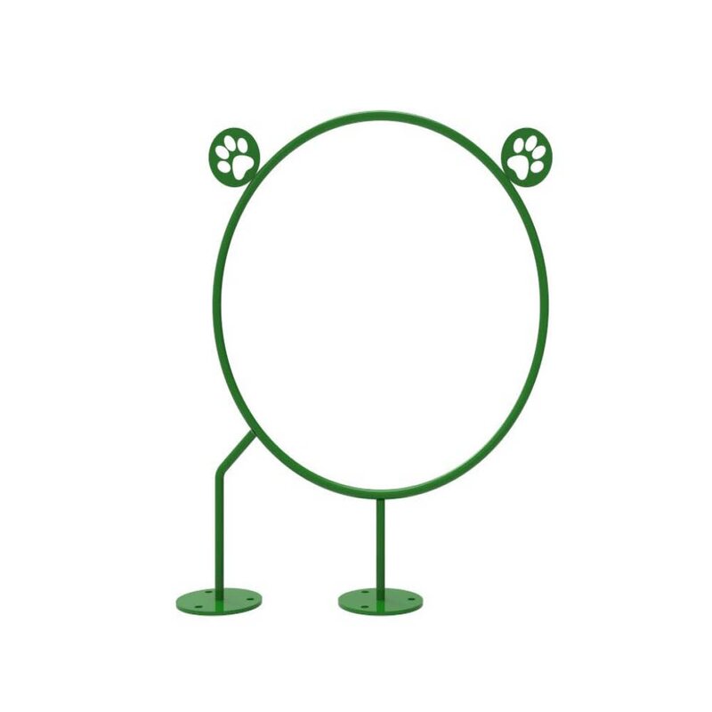 Green dog agility hoop jump with three ascending rings and paw print accents, designed for in-ground installation.