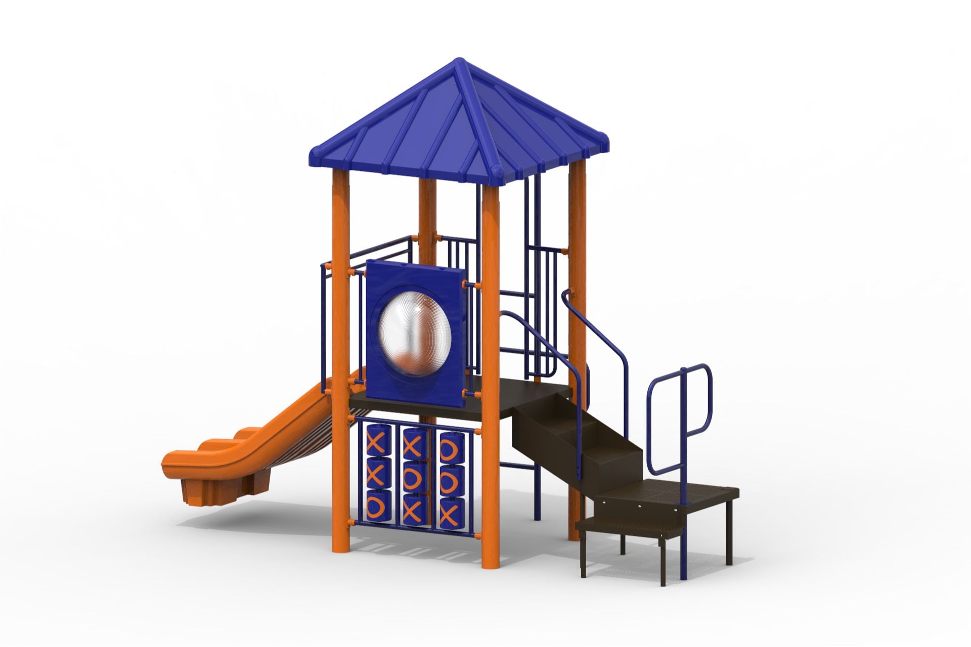Compact modular playground with blue roof, orange slide, tic-tac-toe panels, and metal stairs with railings