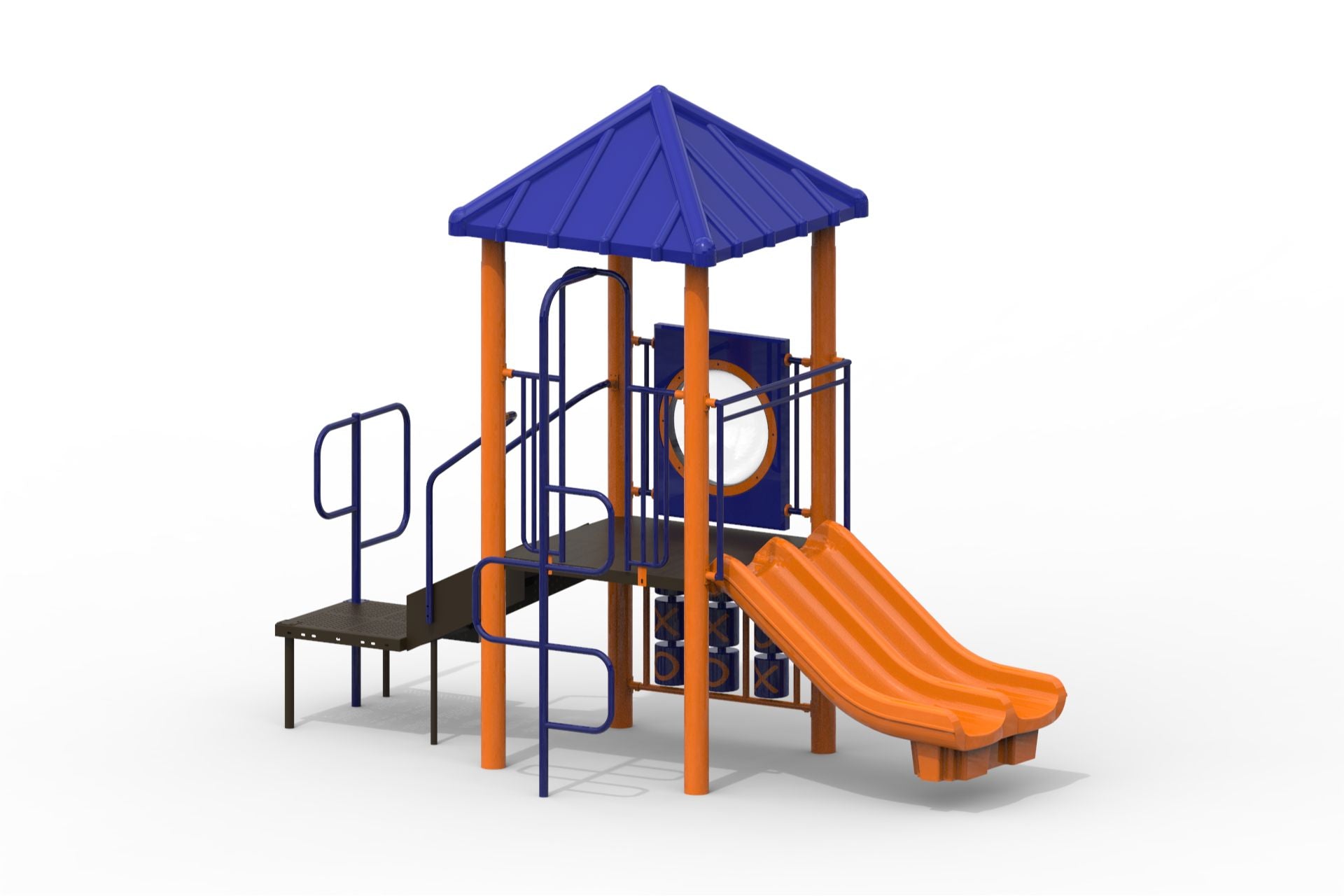 Compact modular playground with blue roof, orange triple slide, climbing ladder, and tic-tac-toe panels