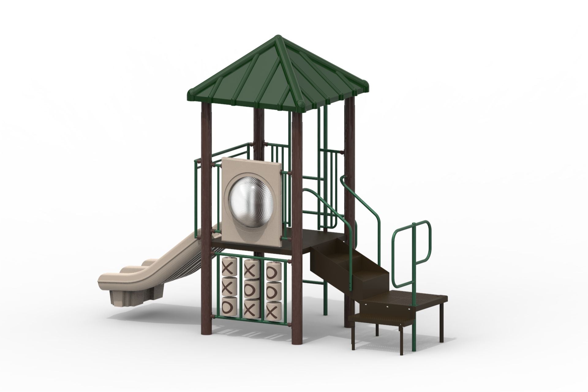 Modular children's playground with green roof, beige slide, tic-tac-toe panels, and climbing stairs