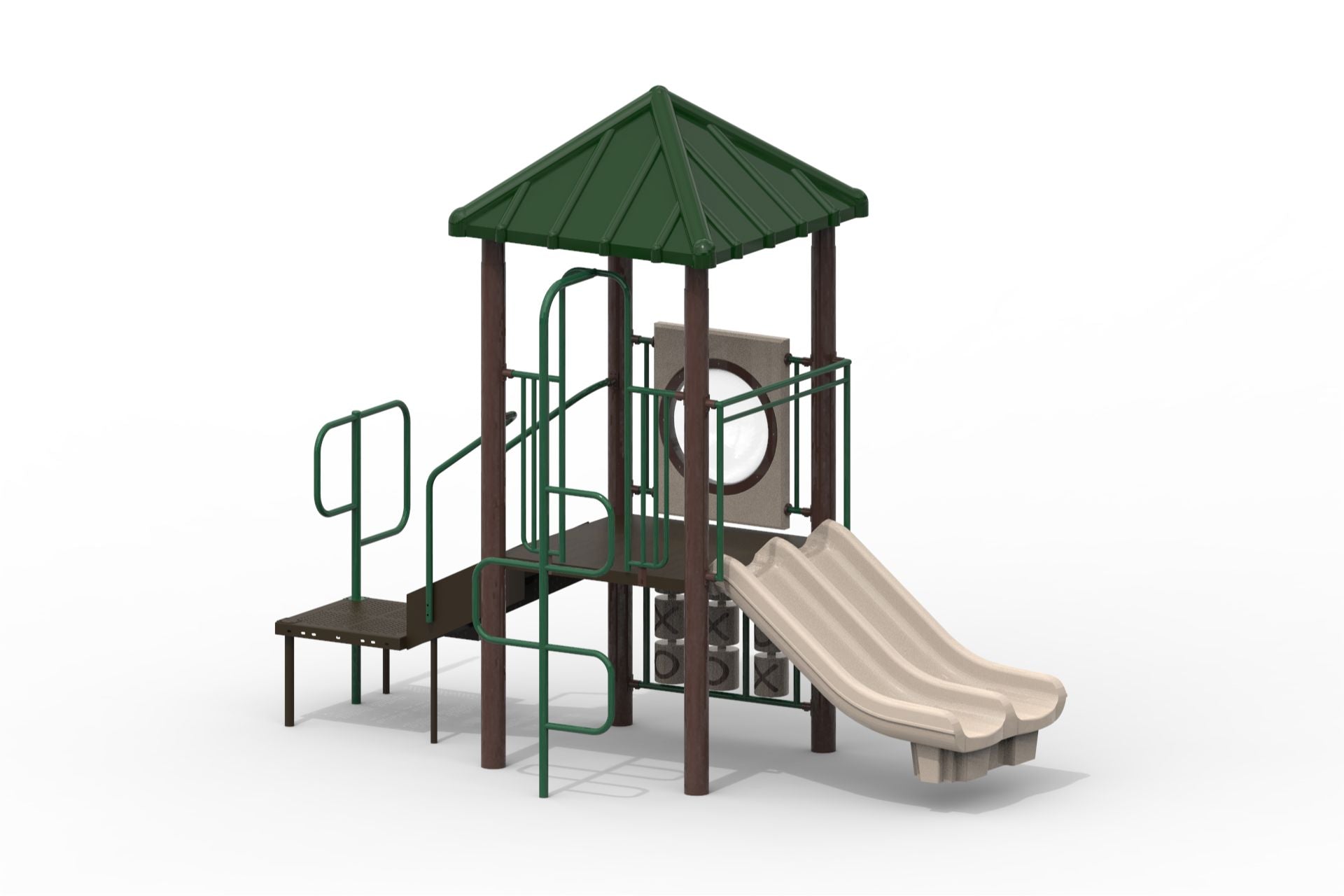 Miss Minnie Modular Playground with natural heavy-duty uprights, green roof, beige double slide, and tic-tac-toe panel