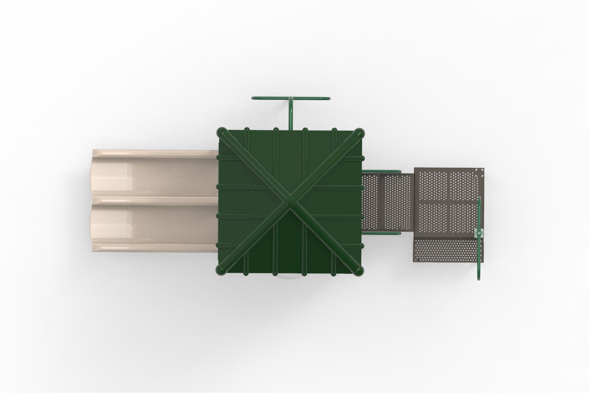 Overhead view of modular playground with green roof, beige double slide, perforated platforms, and safety rails