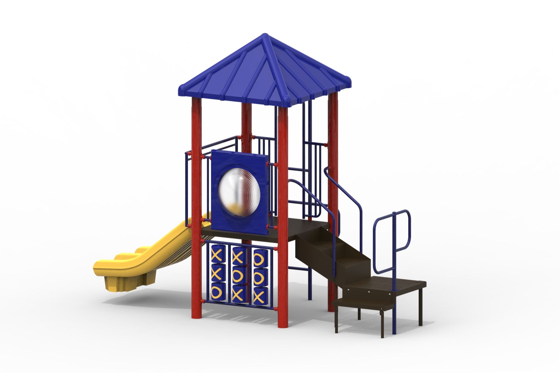 Compact modular playground with blue roof, red posts, yellow slide, tic-tac-toe panels, and metal stairs