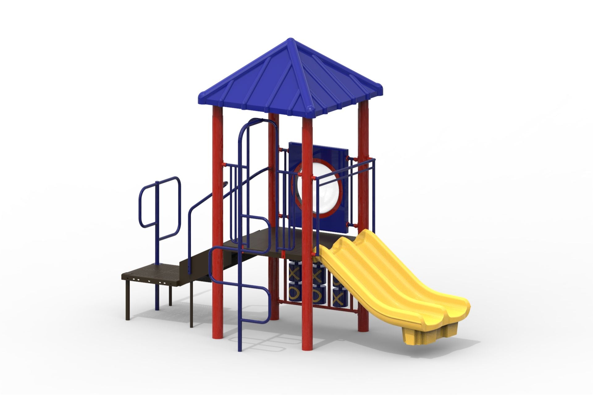 Compact modular playground with blue roof, red uprights, yellow double slide, and tic-tac-toe panel