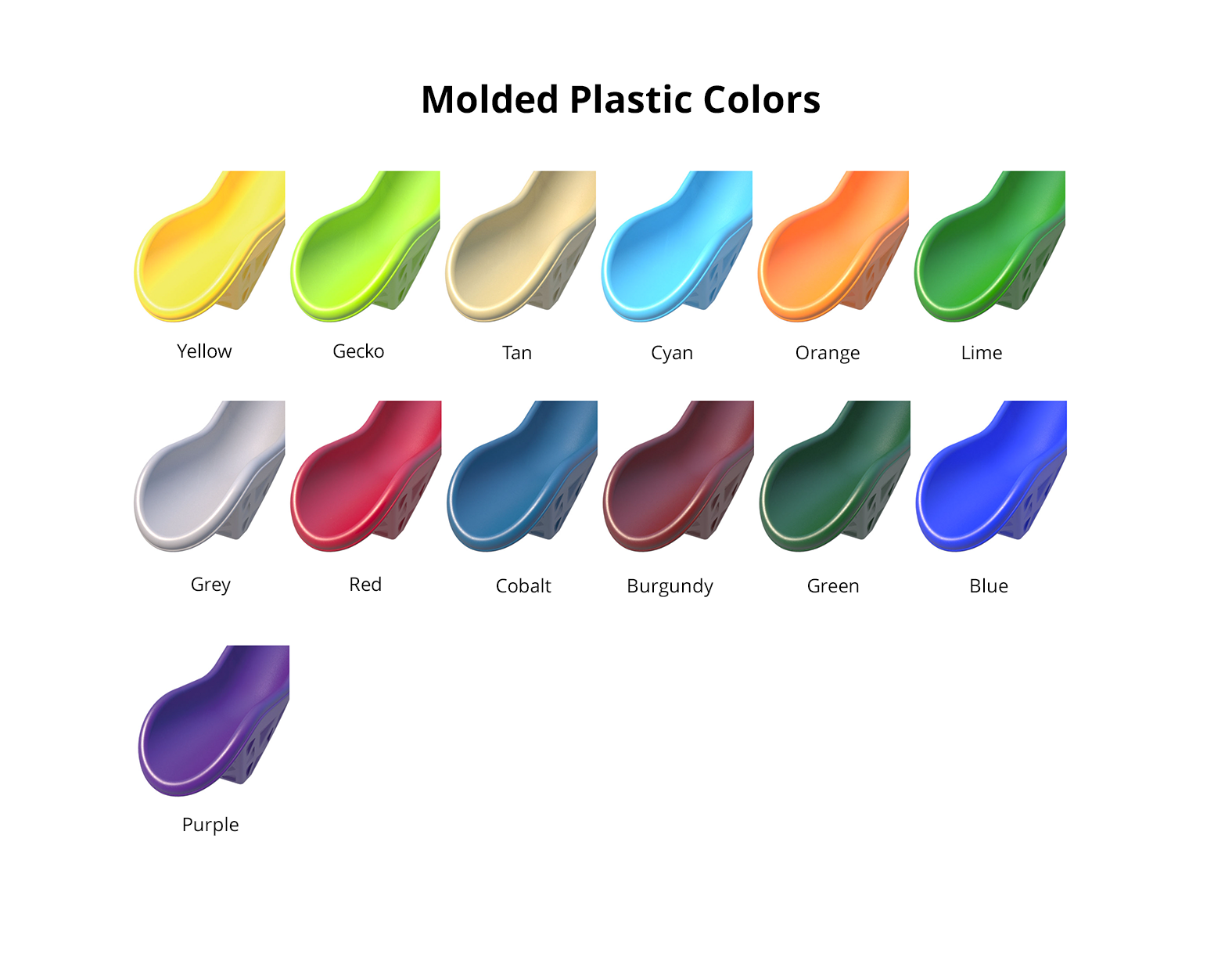 Grid of molded polymer playground slide component color swatches, bright and neutral hues for large play systems