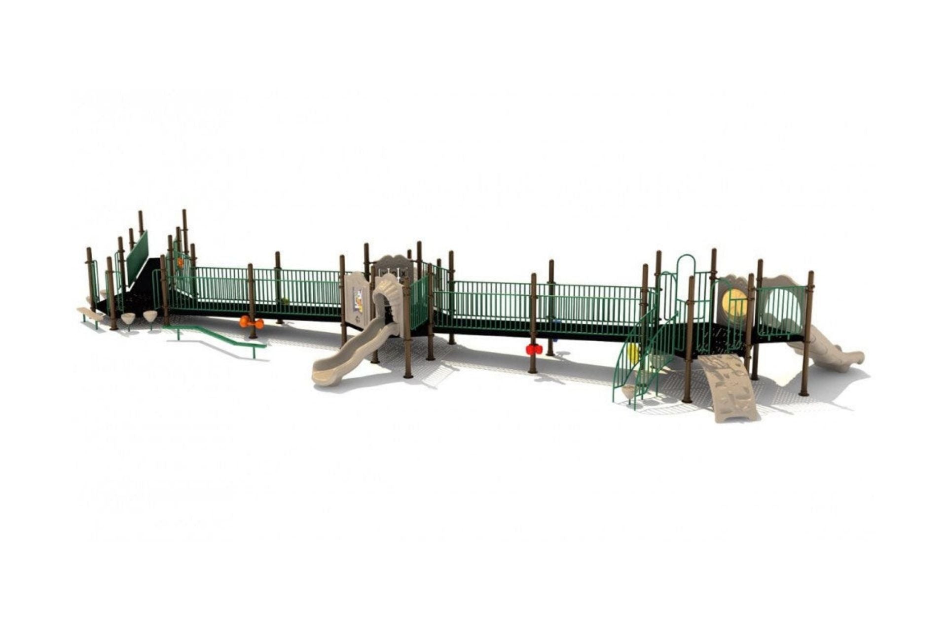 Mount Rainier Playground with accessible ramps, hexagonal decks, slides, climbers, and interactive activity panels in green and beige