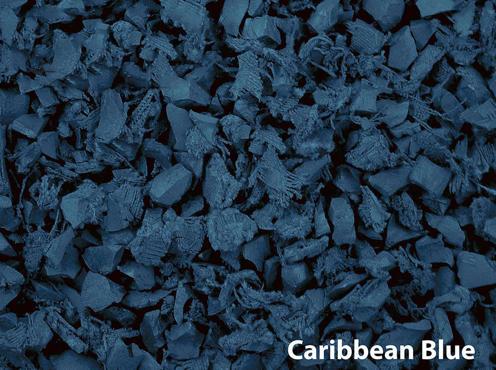 Close-up of textured, irregular Caribbean blue recycled rubber playground mulch for safe, durable surfacing