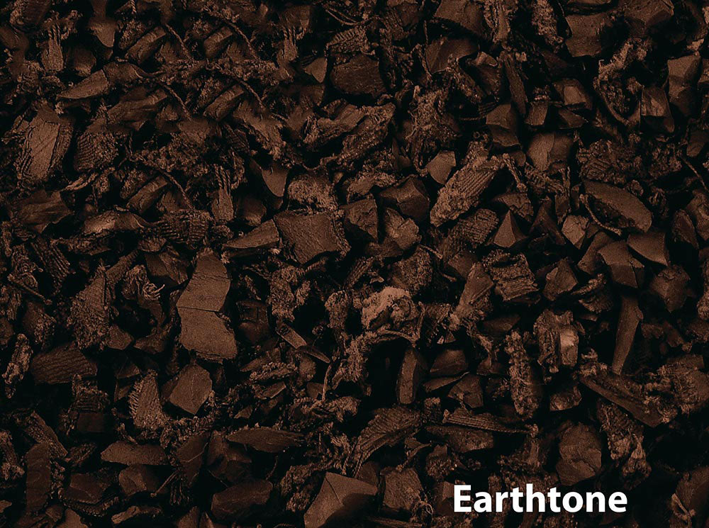 Dark brown recycled rubber playground mulch pieces with textured, irregular shapes for safe, durable surfacing.
