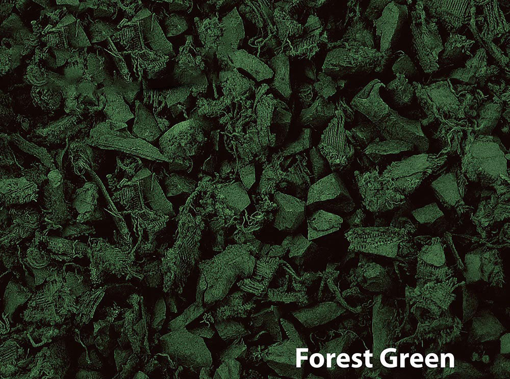 Close-up of textured, irregular forest green recycled rubber playground mulch pieces with soft, durable, shock-absorbing surface