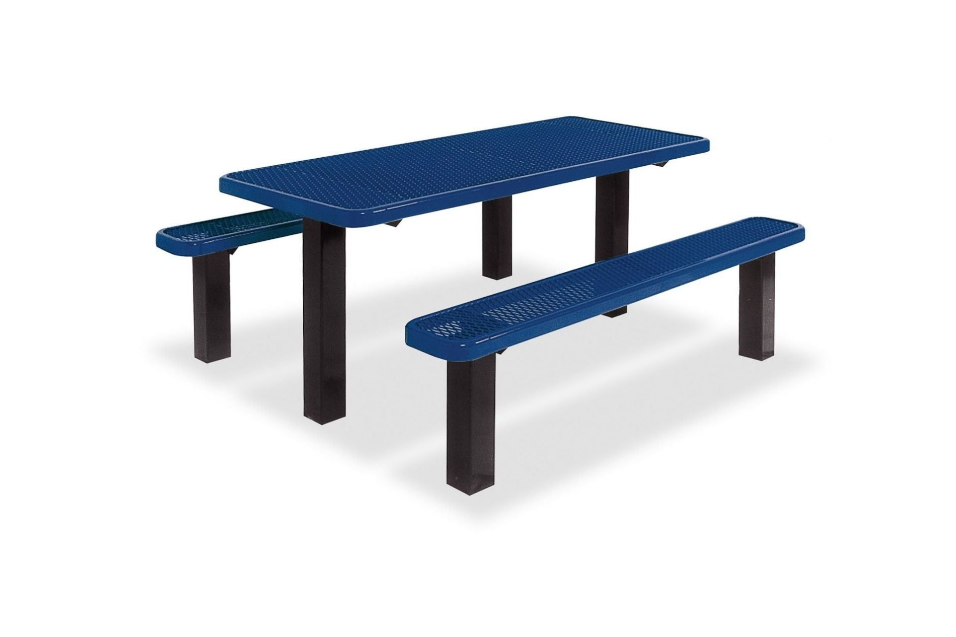 Multi Pedestal Picnic Table with blue perforated metal top and benches, black sturdy legs, walk-through design, outdoor seating
