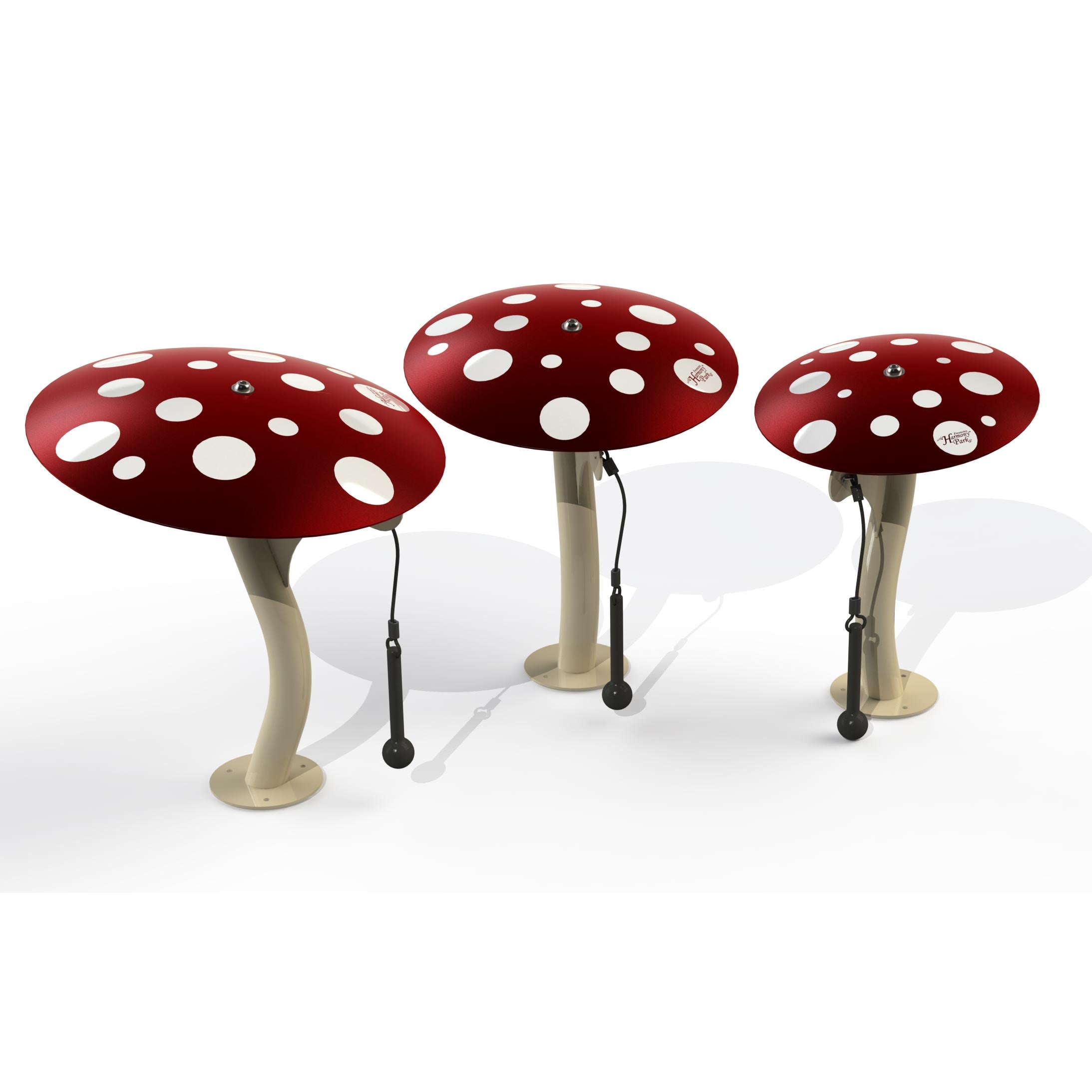 Mushrooms Ensemble Musical Park Instruments with red caps and white spots on beige stems, featuring attached mallets for outdoor play