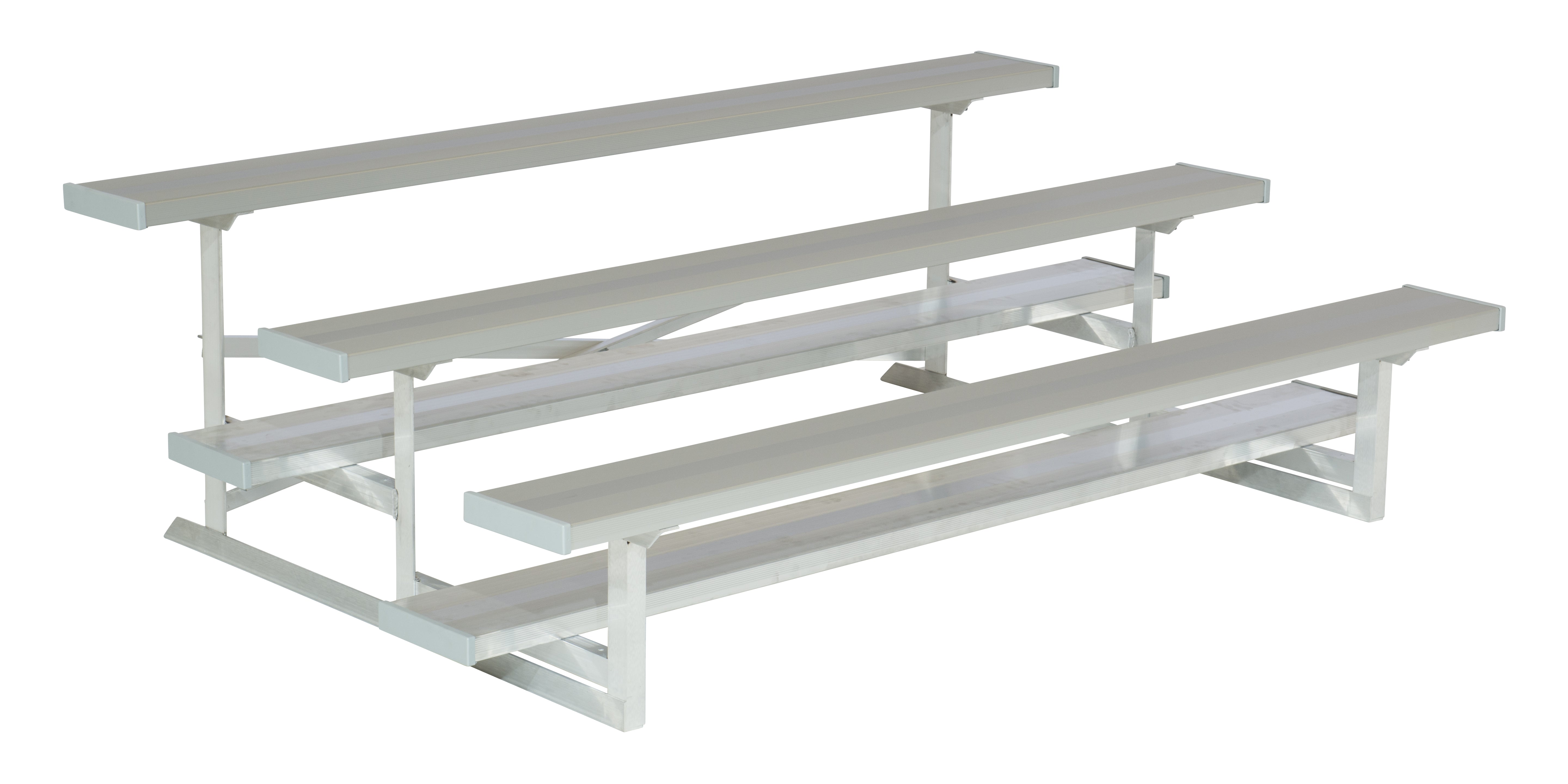 Three-row aluminum bleachers with anodized seat planks and sturdy frame for compact sports seating