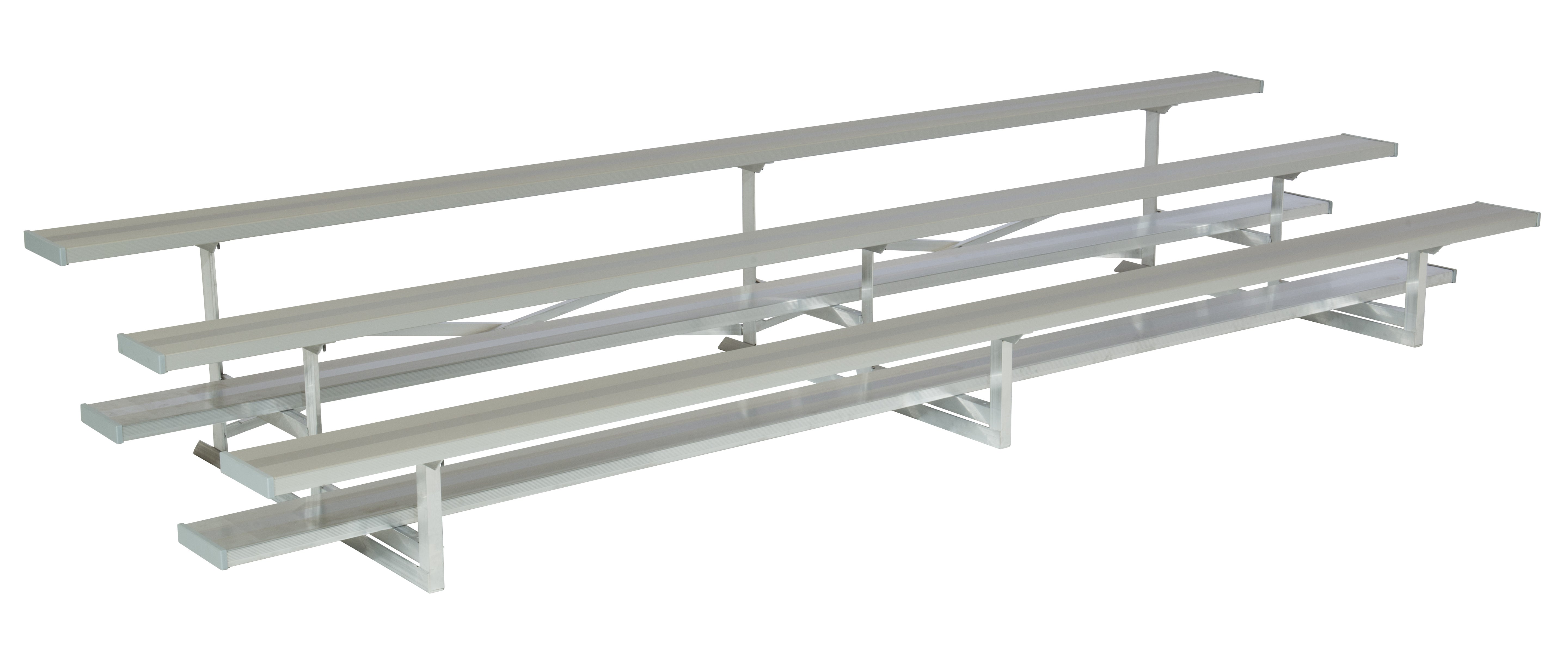 Three-row aluminum bleachers with anodized seat planks and galvanized steel frame, compact seating solution