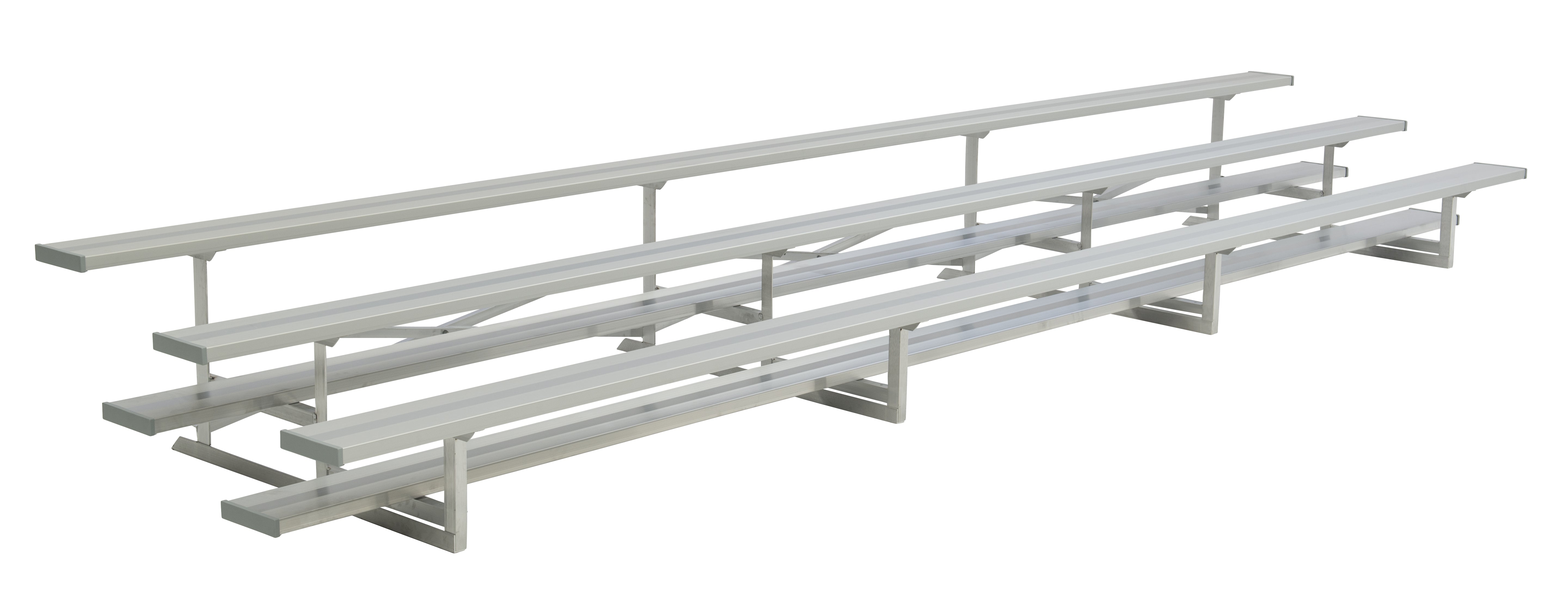Three-row aluminum bleachers with anodized seat planks and single mill finish foot planks, lightweight and compact seating