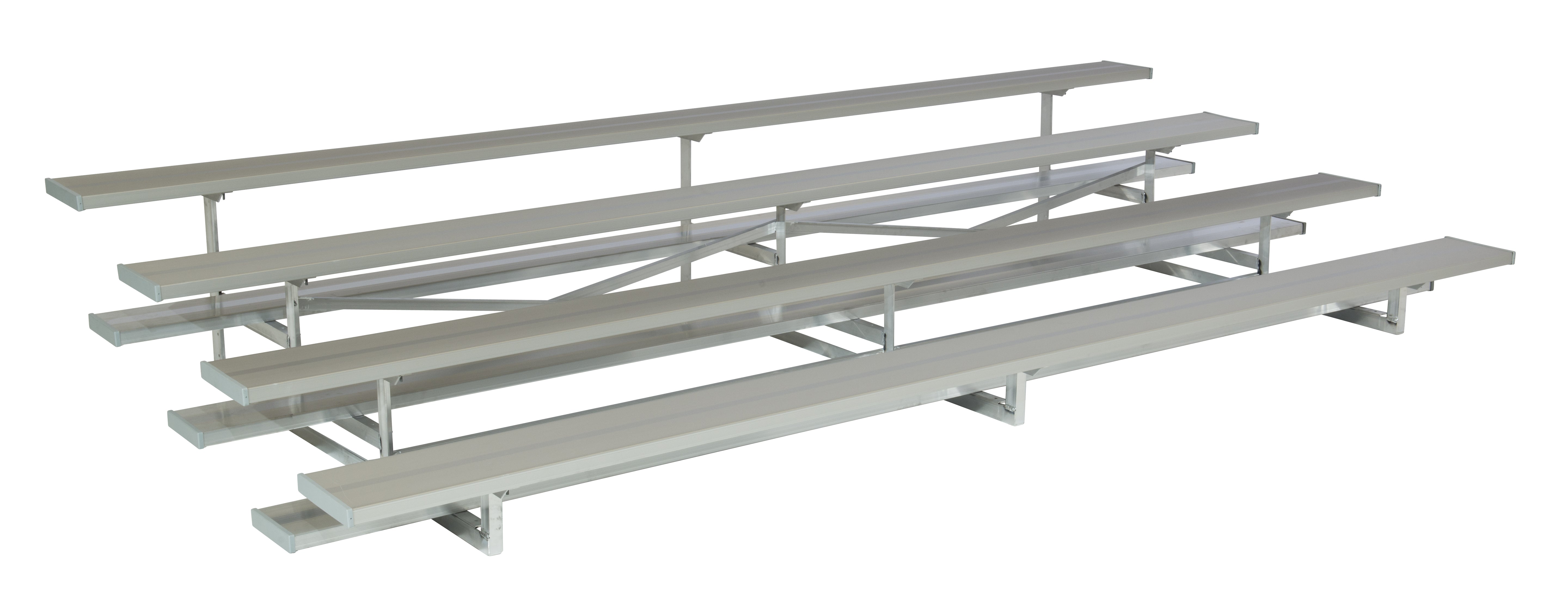 Aluminum low-rise bleachers with four rows of seating and sturdy support braces for sports and event seating