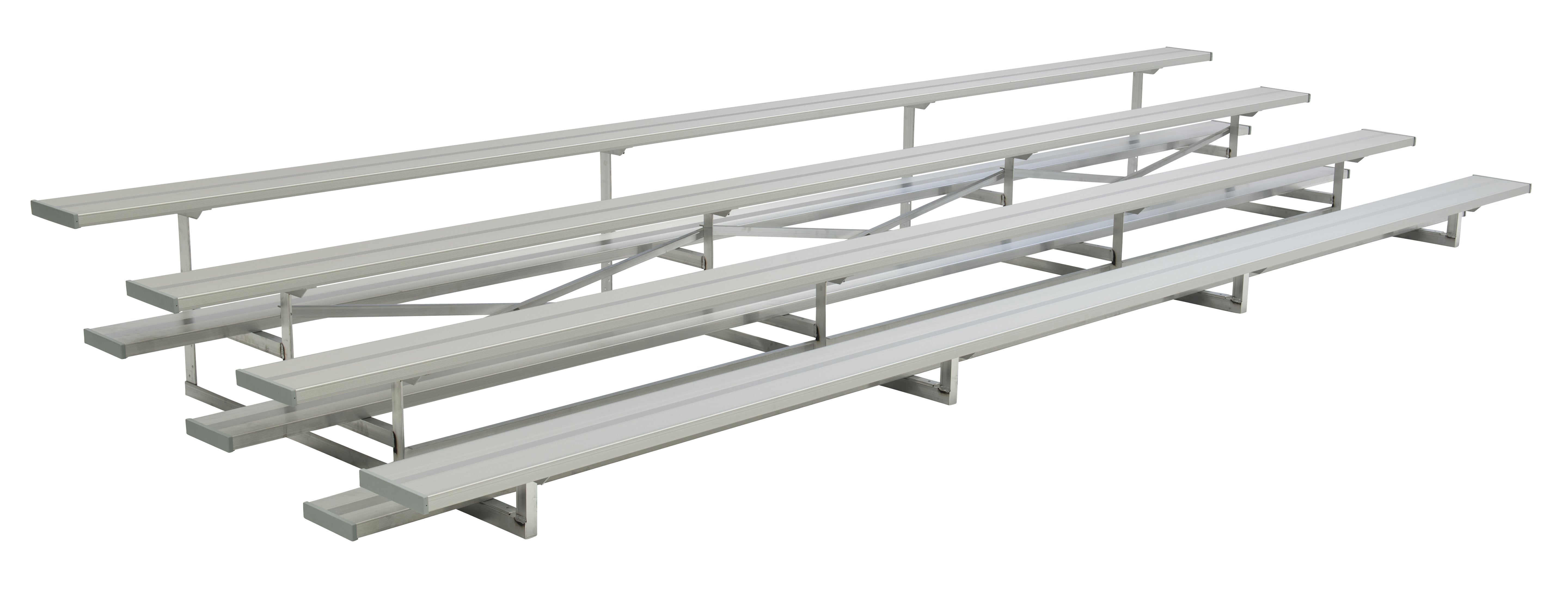 Five-row low-rise aluminum bleachers with anodized seat planks and vertical picket guardrails for safety and durability