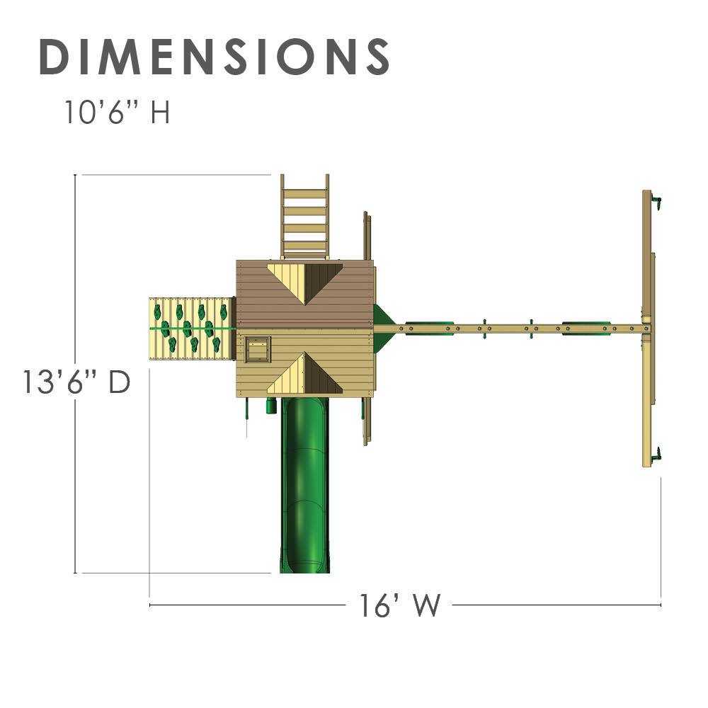 Overhead view of wooden playset with clubhouse roof, climbing wall, wave slide, two belt swings, trapeze bar, and sandbox area